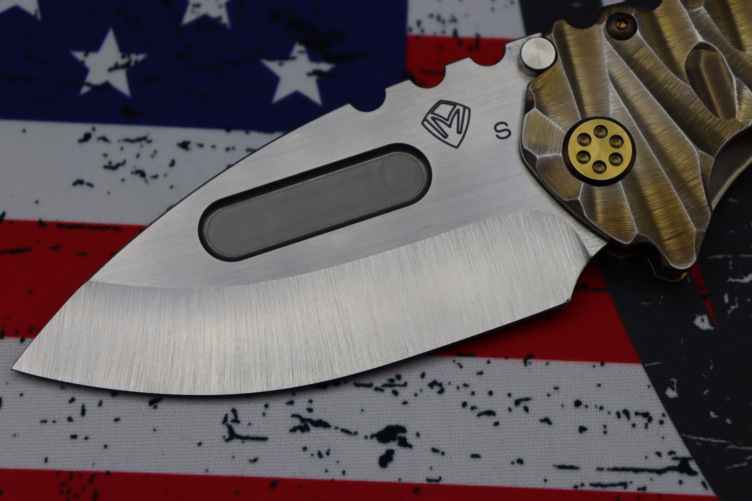 Medford Knife Praetorian T - Premium Drop Point Satin S35 Blade with Bronze Accents & Brushed Silver Predator Handles