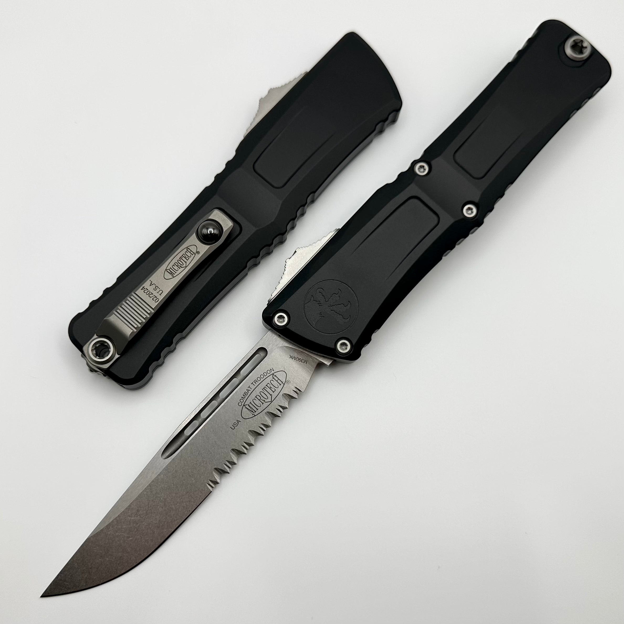 Microtech Combat Troodon Gen III Premium OTF Knife - Stonewash Partial Serrated Blade, Black Handle