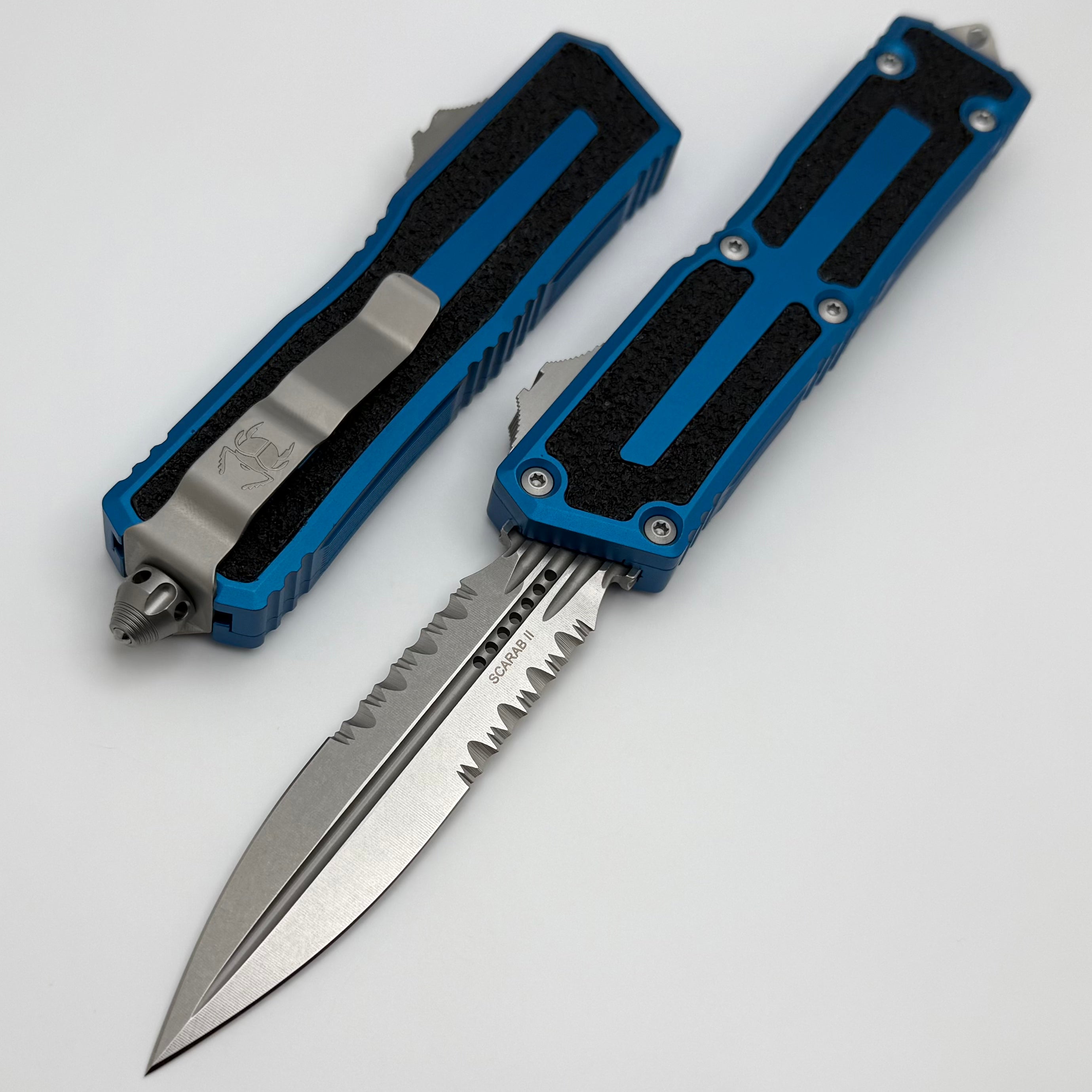 Microtech Scarab 2 Gen 3 Ultimate Tactical Knife - Stonewash Partial Serrated with Blue Handle