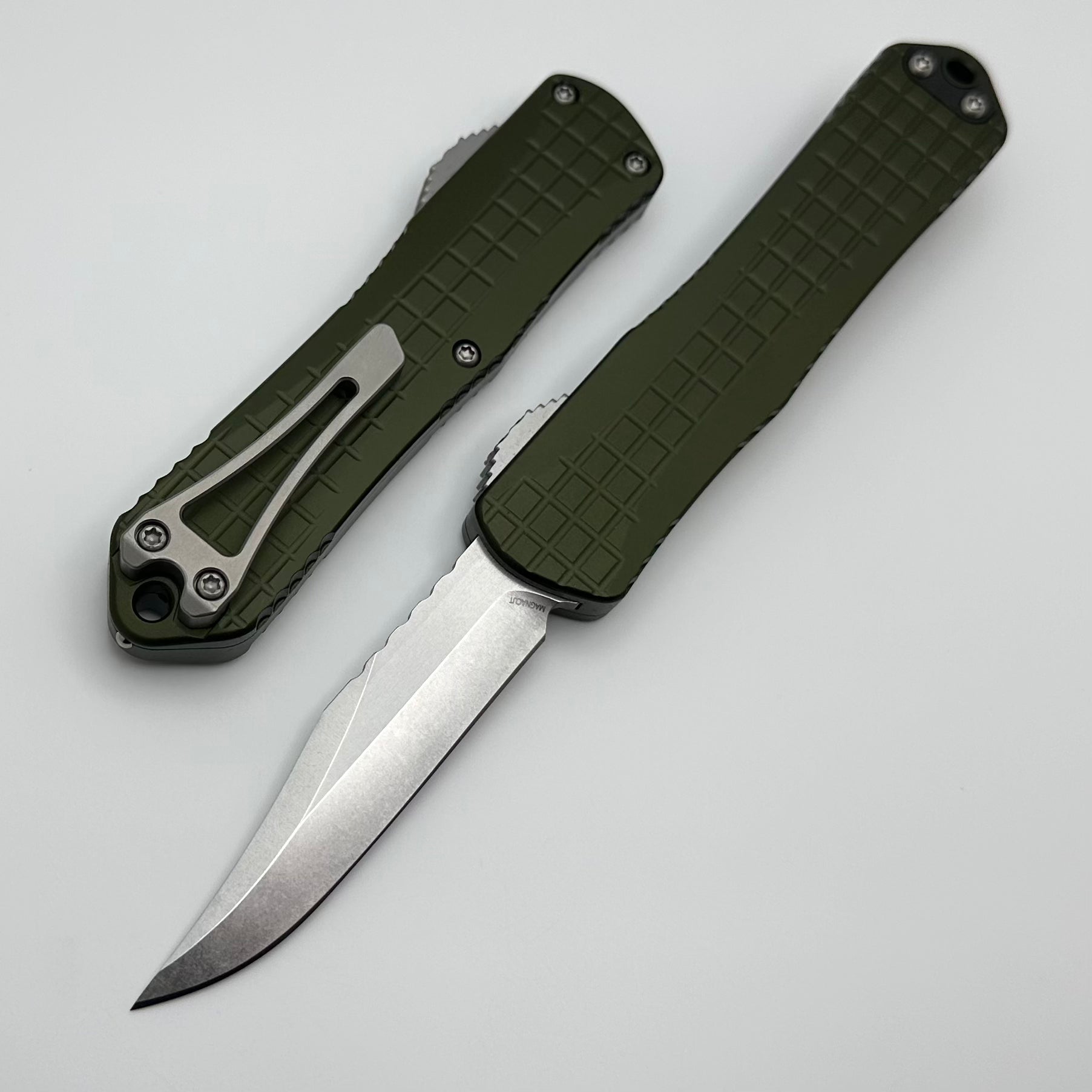 Heretic Knives Manticore E Tactical OTF Knife - Green Grenade Grip, Stonewash Bowie MagnaCut Blade