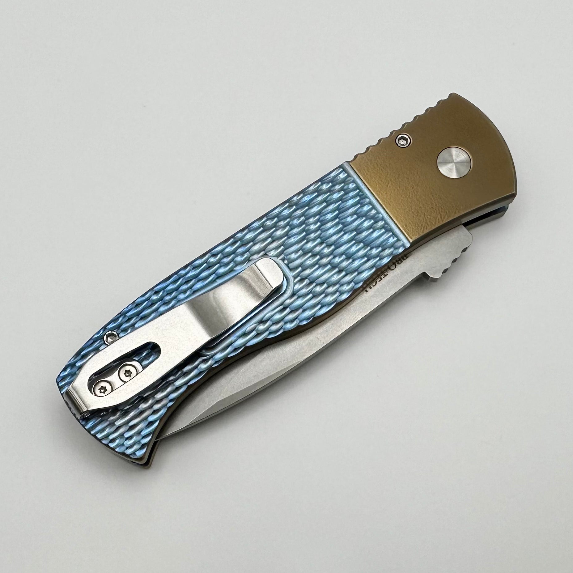 Ultimate Pro-Tech Emerson Custom Knife - Titanium Blue/Bronze Handle with Pearl Button & Stonewash 20CV Blade