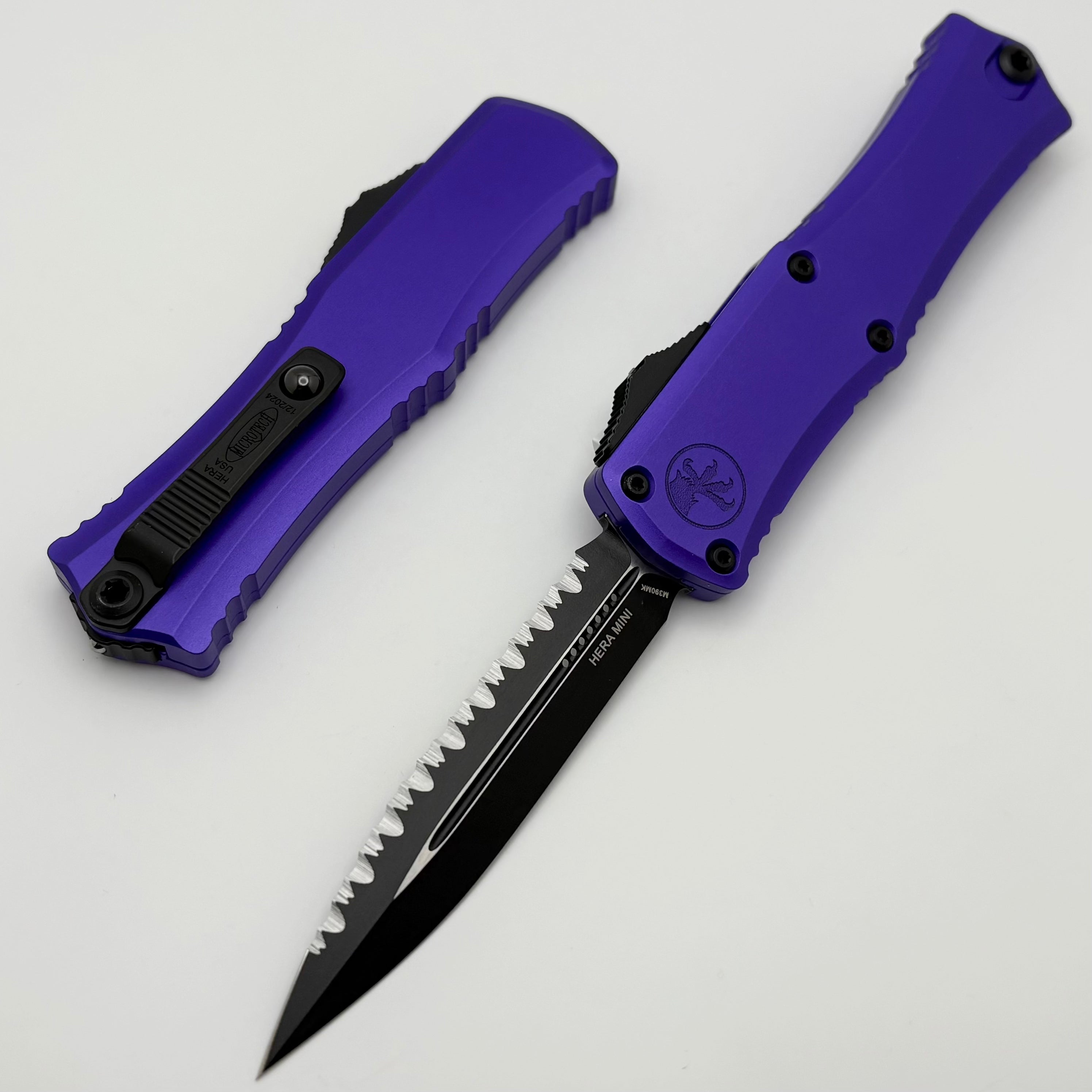 Microtech Knives Premium Mini Hera - Black Serrated Blade with Purple Handle