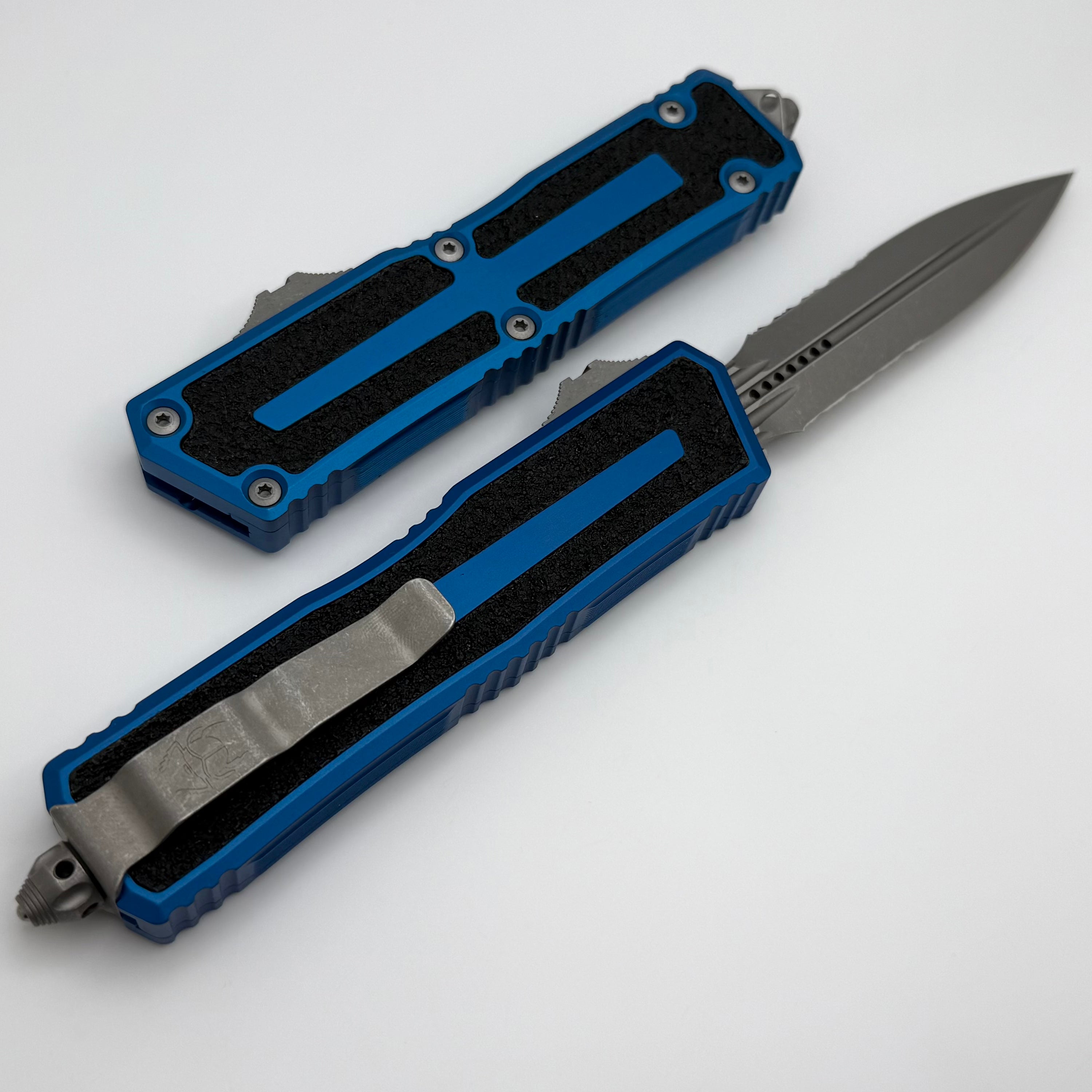 Microtech Scarab 2 Gen 3 OTF Knife - Apocalyptic Partial Serrated Blade with Blue Handle