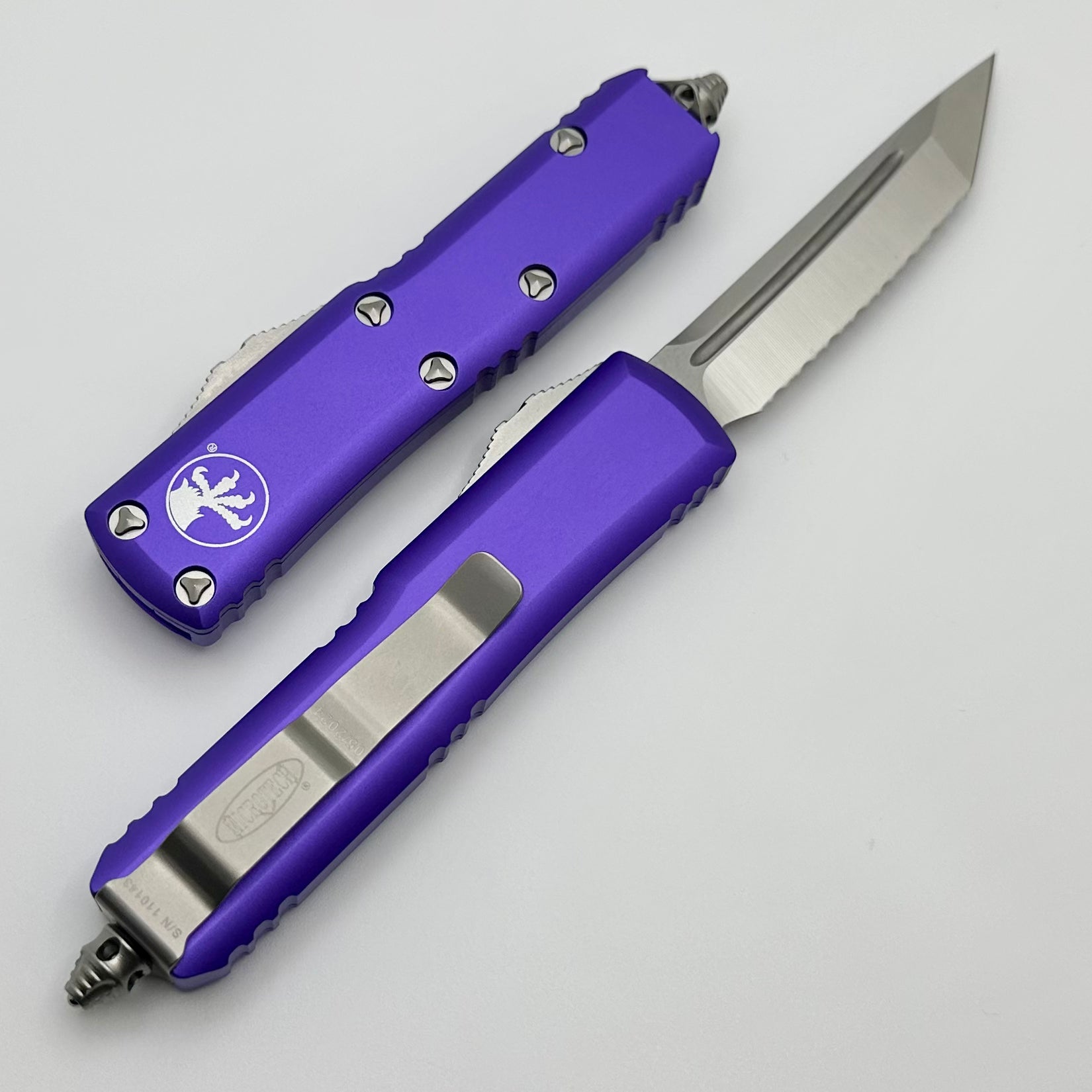 Premium Microtech UTX-85 Tanto Full Serrated EDC Knife - Satin & Purple