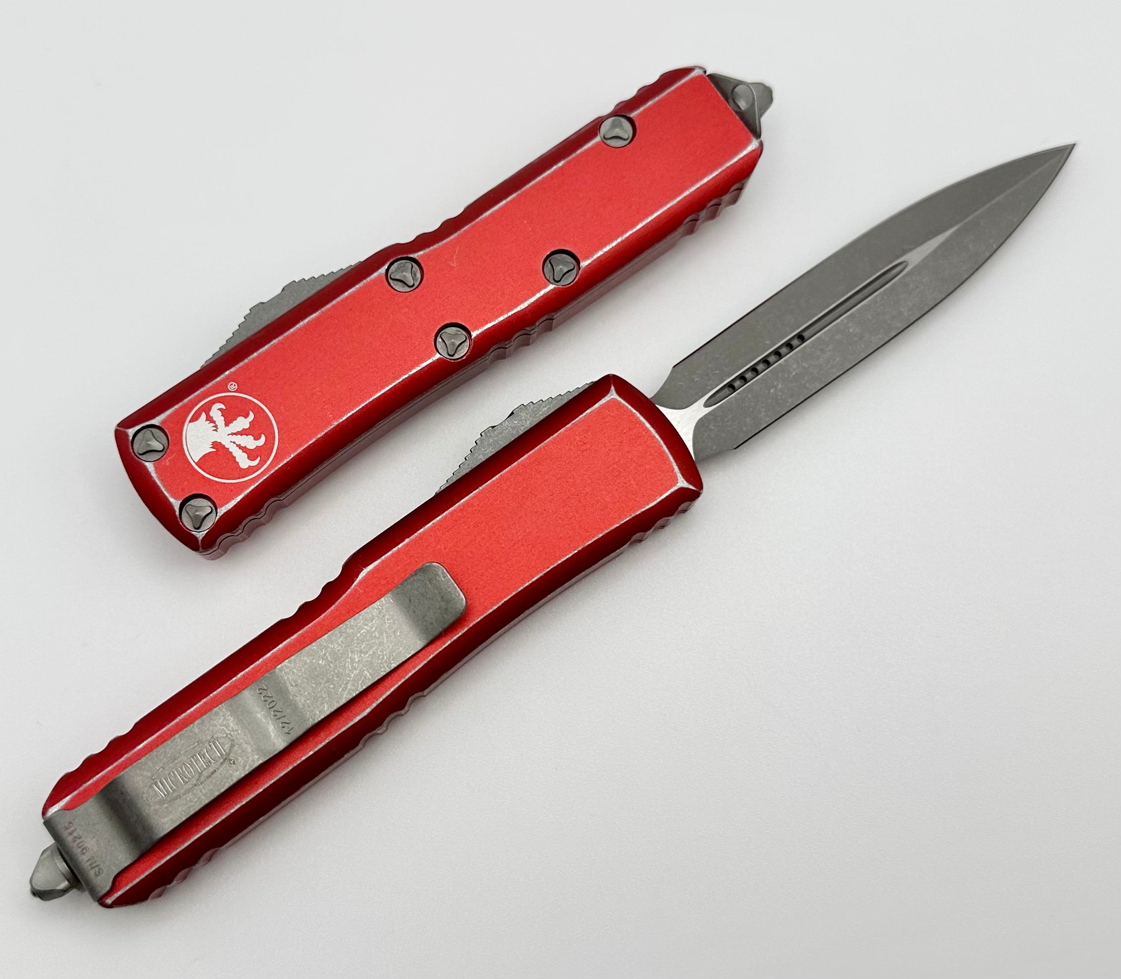 Microtech UTX-85 Premium Double Edge EDC Knife - Apocalyptic Finish with Distressed Red Handle