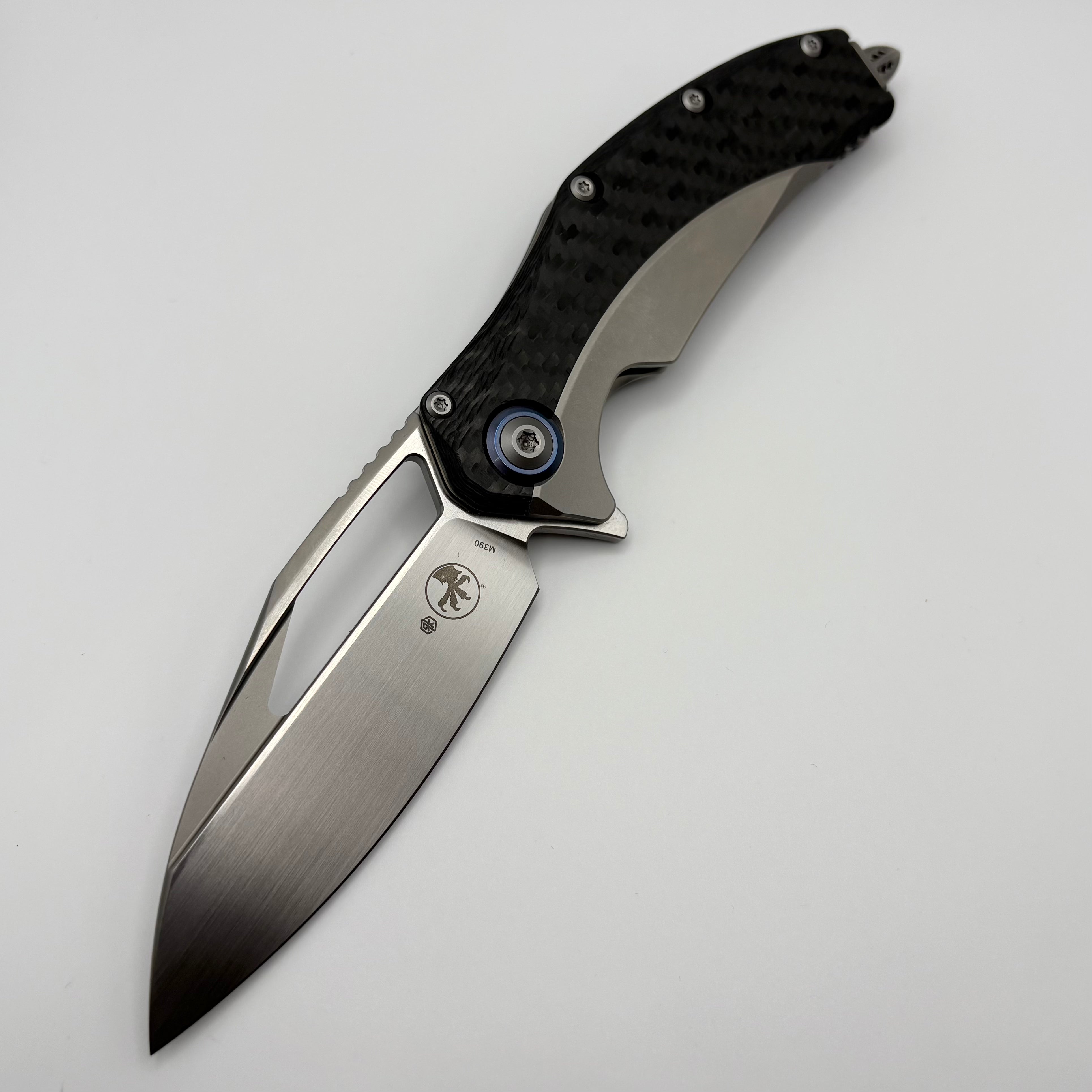 Premium Pre-Owned Microtech Matrix Titanium Knife with Carbon Fiber Scales & Blue Ti Pivot Collars