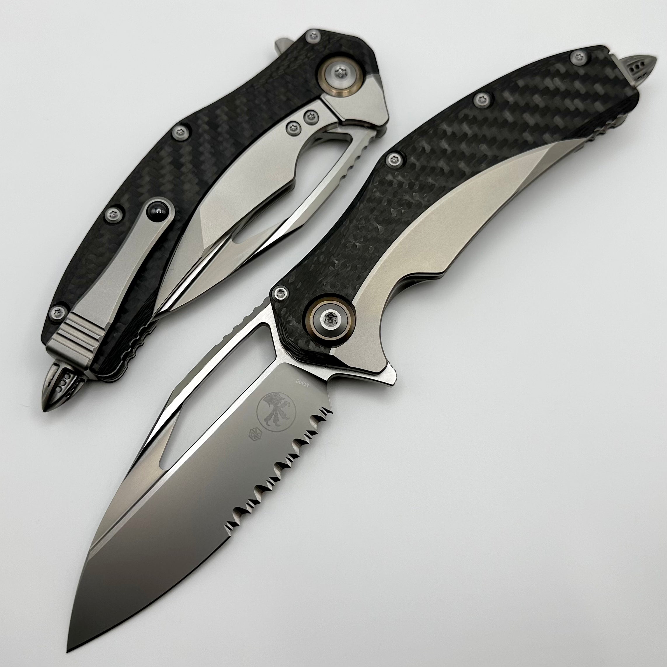 Microtech Matrix Titanium | Premium Carbon Fiber Scales | Bronze Ti Pivot Collars | Bead Blast M390 Blade