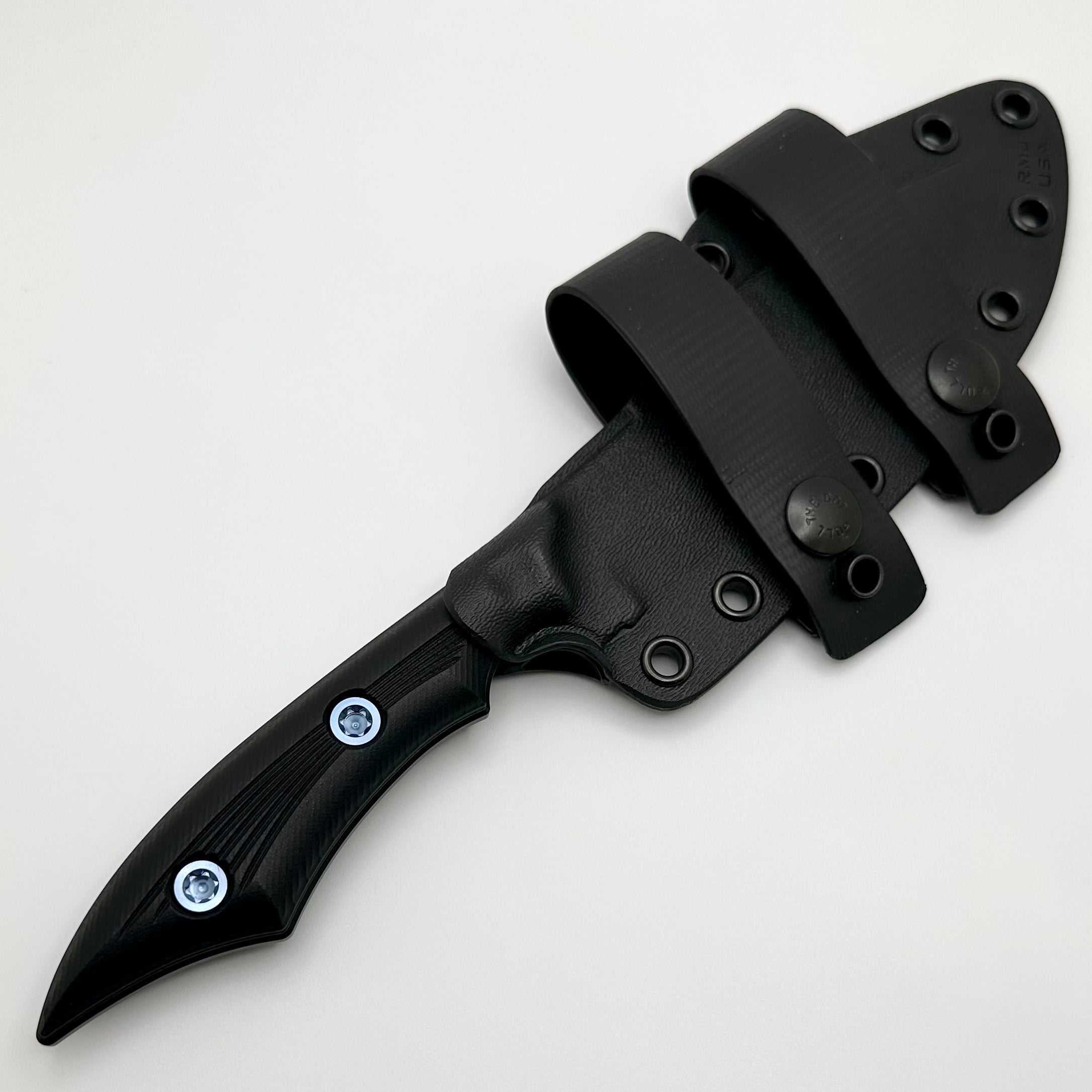 RMJ Ratatosk Ultimate Tactical Fixed Blade Knife - Black G-10 Handles & Blue Hardware