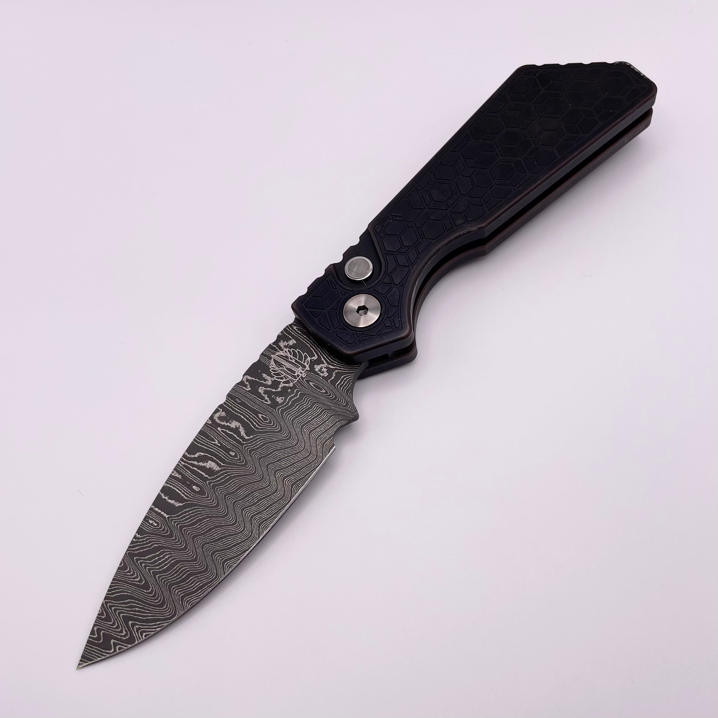 Premium Pre-Owned Pro-Tech PT Plus Antique PVD Knife with Mother of Pearl Button & Nichols Damascus Blade