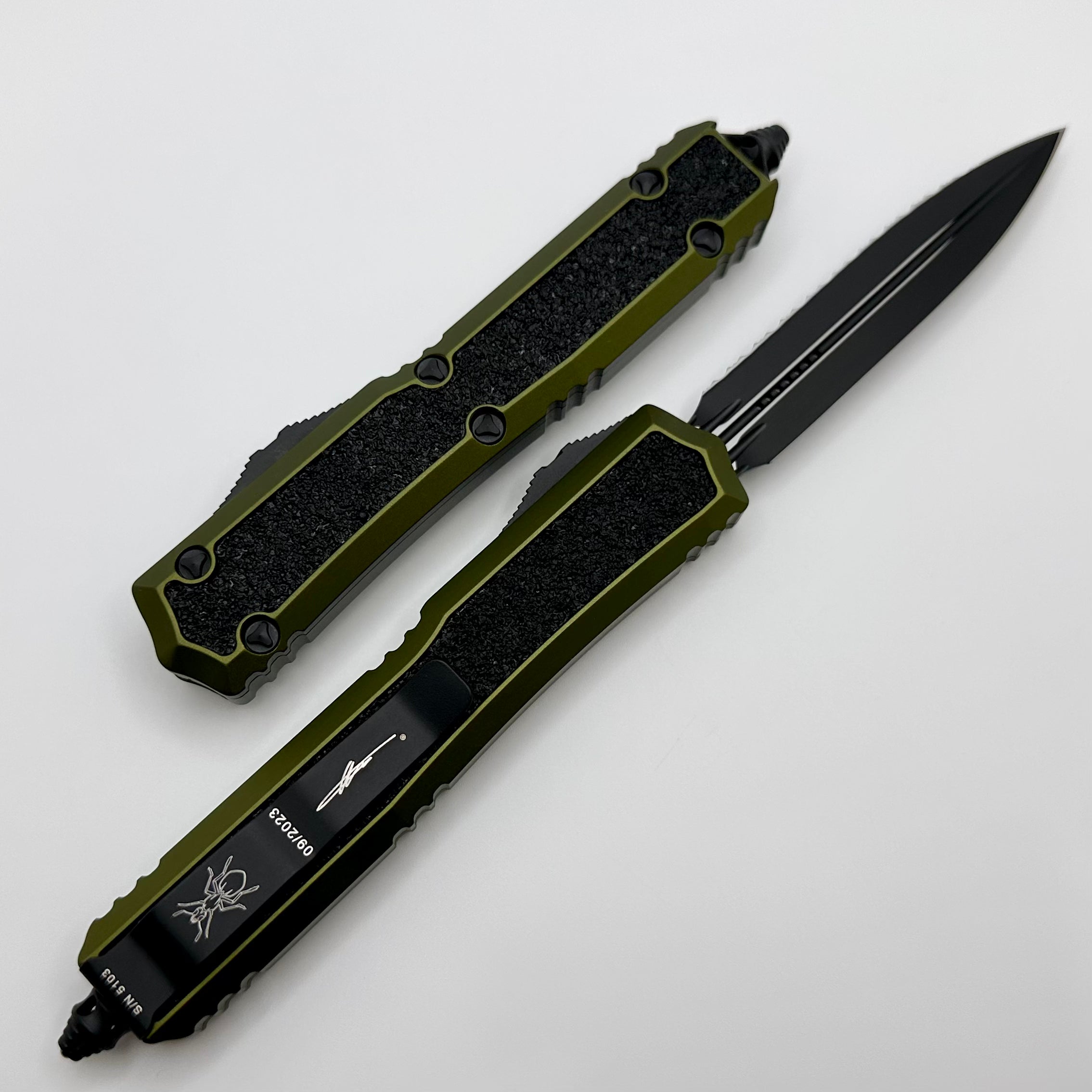 Microtech Makora Premium Tactical Knife - OD Green & Black, Double Edge, Full Serrated, Nickel Boron Internals