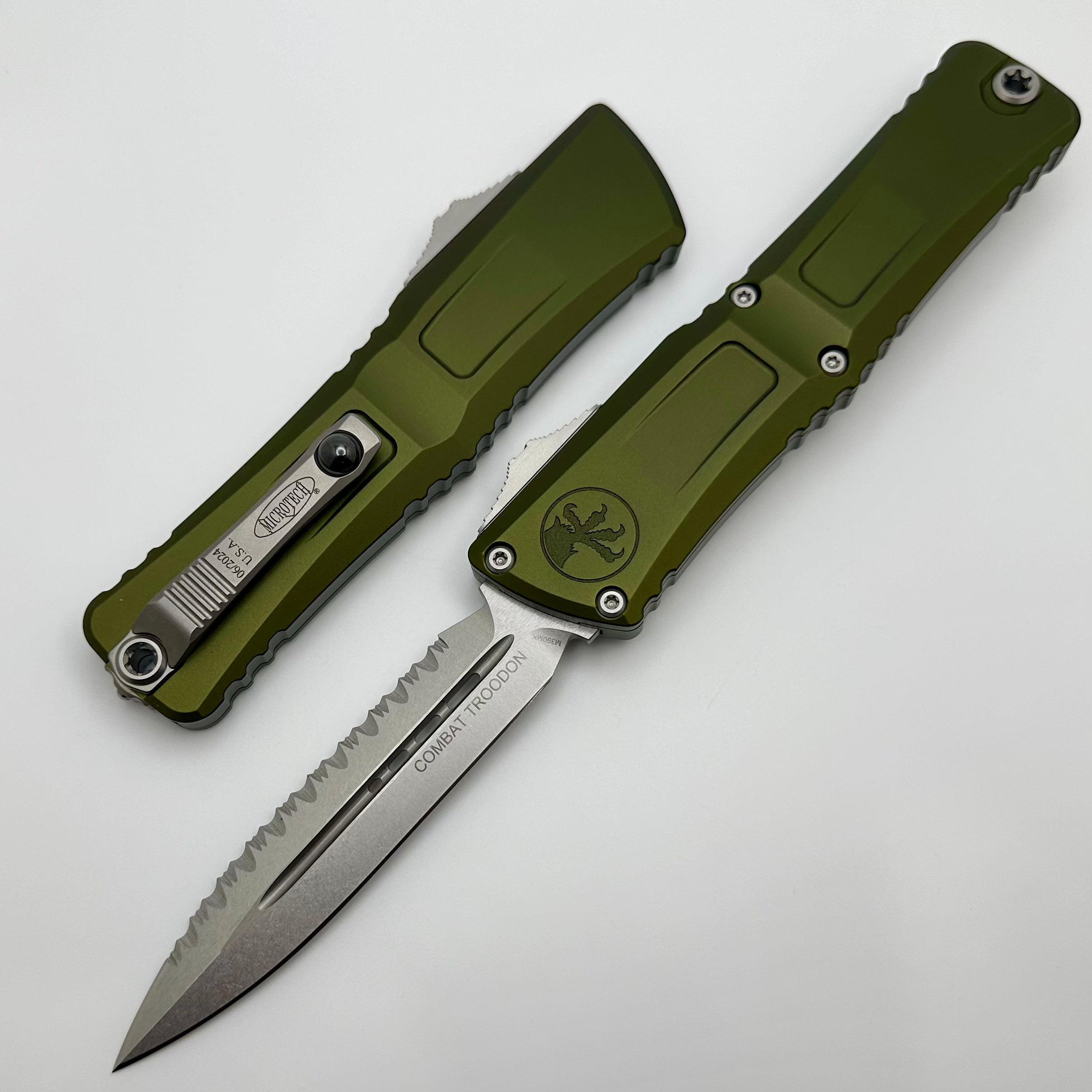 Microtech Combat Troodon Gen III Premium Tactical Knife - OD Green Handle, Full Serrated Double Edge