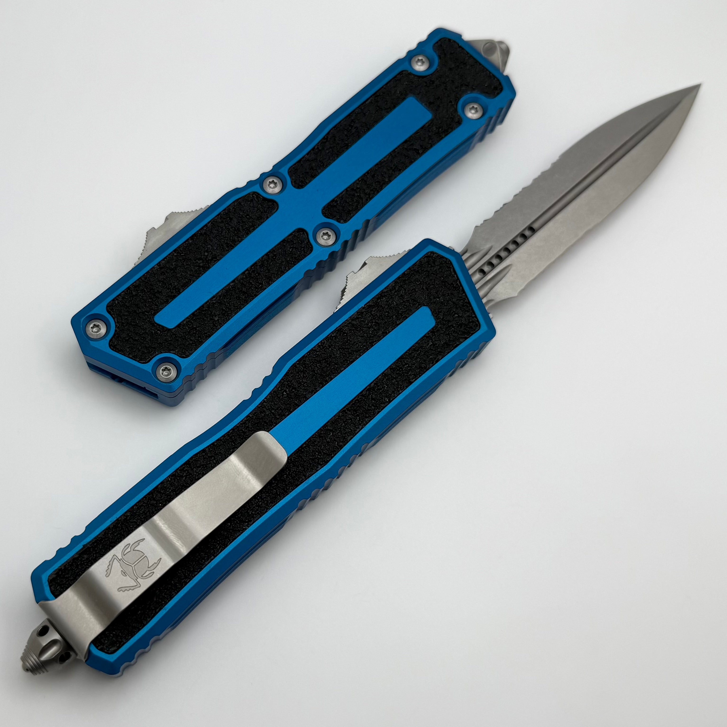 Microtech Scarab 2 Gen 3 Ultimate Tactical Knife - Stonewash Partial Serrated with Blue Handle