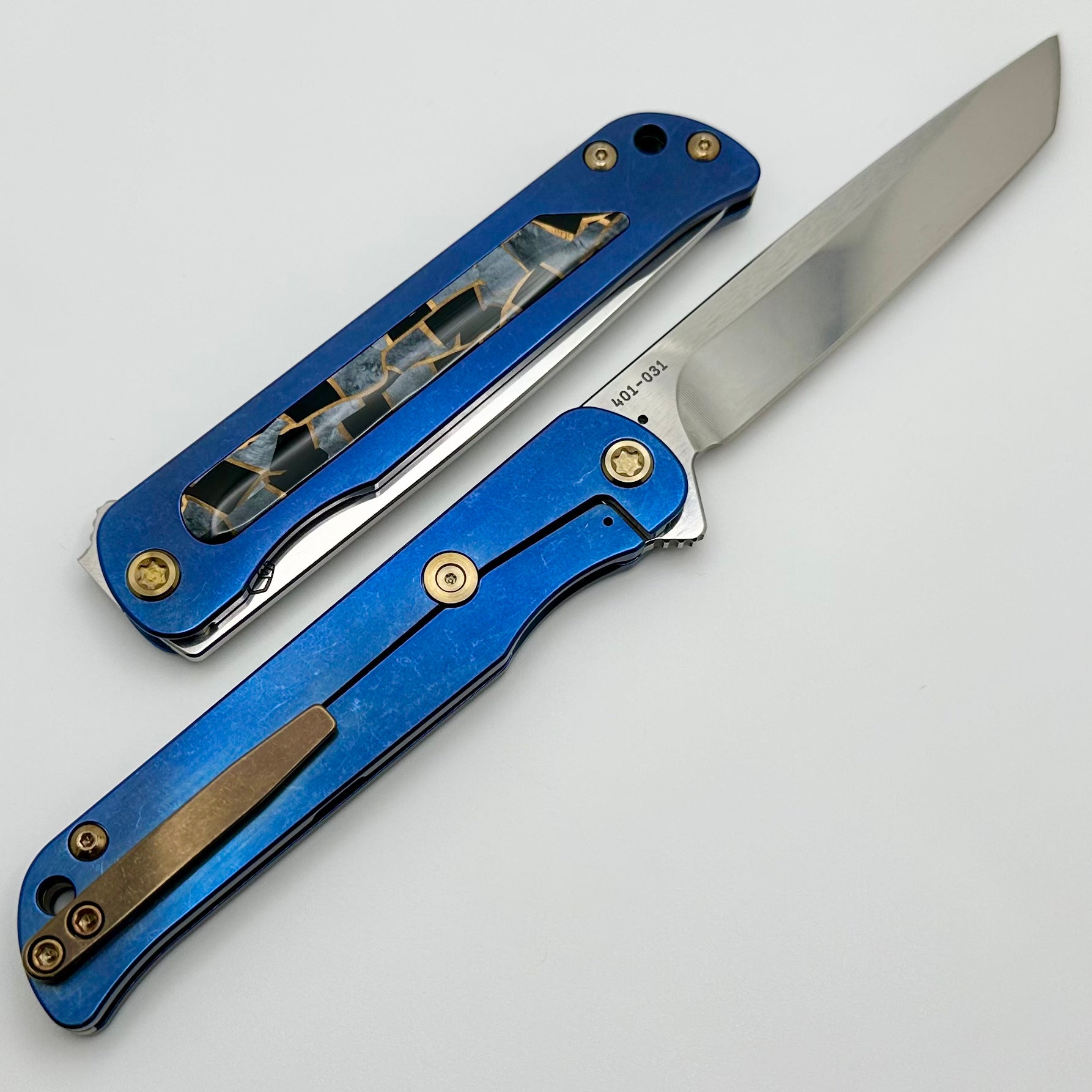 Medford T-Bone Blue Tumbled Titanium Framelock Flipper - Premium S45VN Tanto Blade with Mosaic Inlays