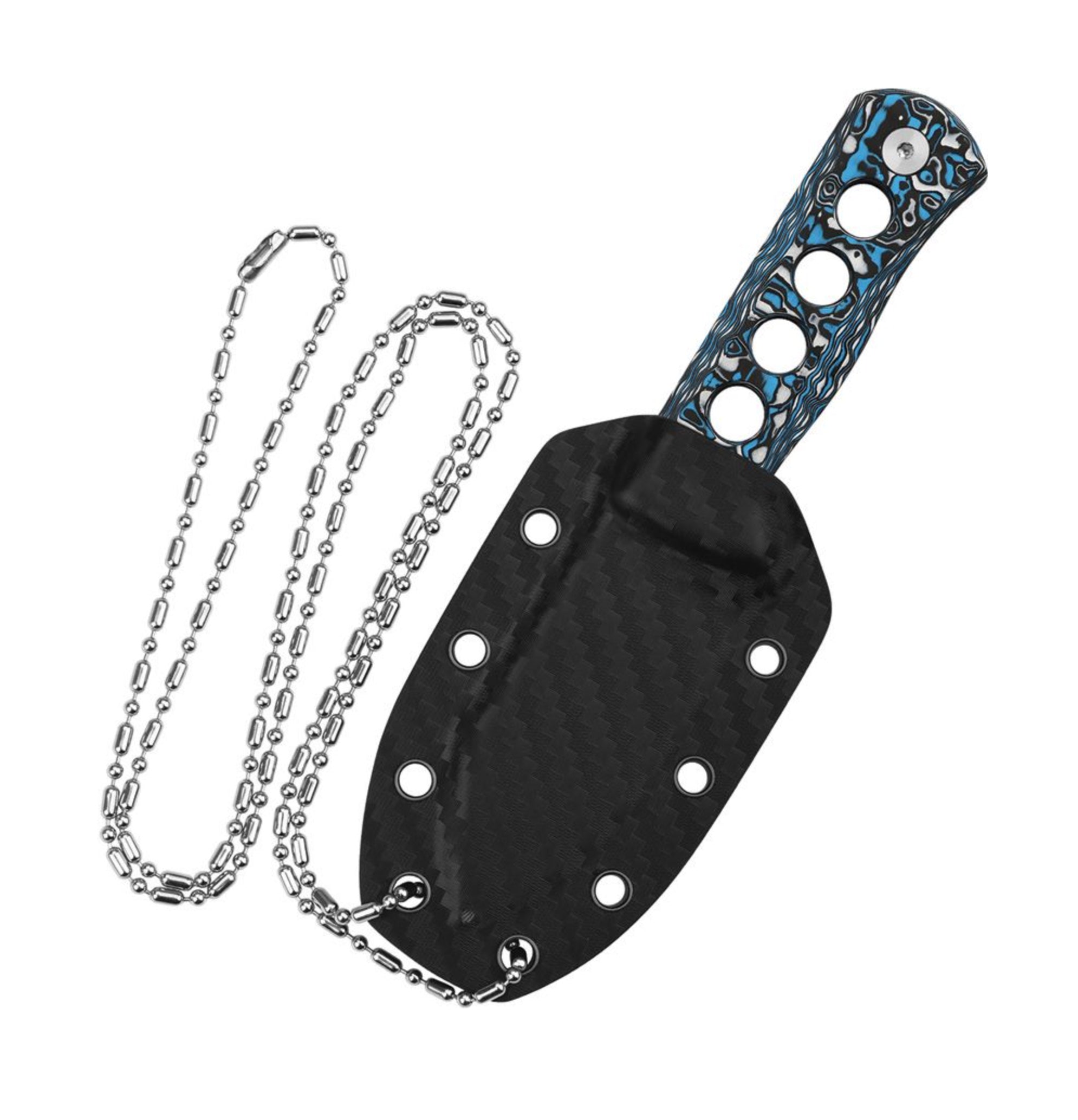 Premium QSP Canary Neck Knife - Brass Copper Damascus Blade & Tri-Color Carbon Fiber Handle