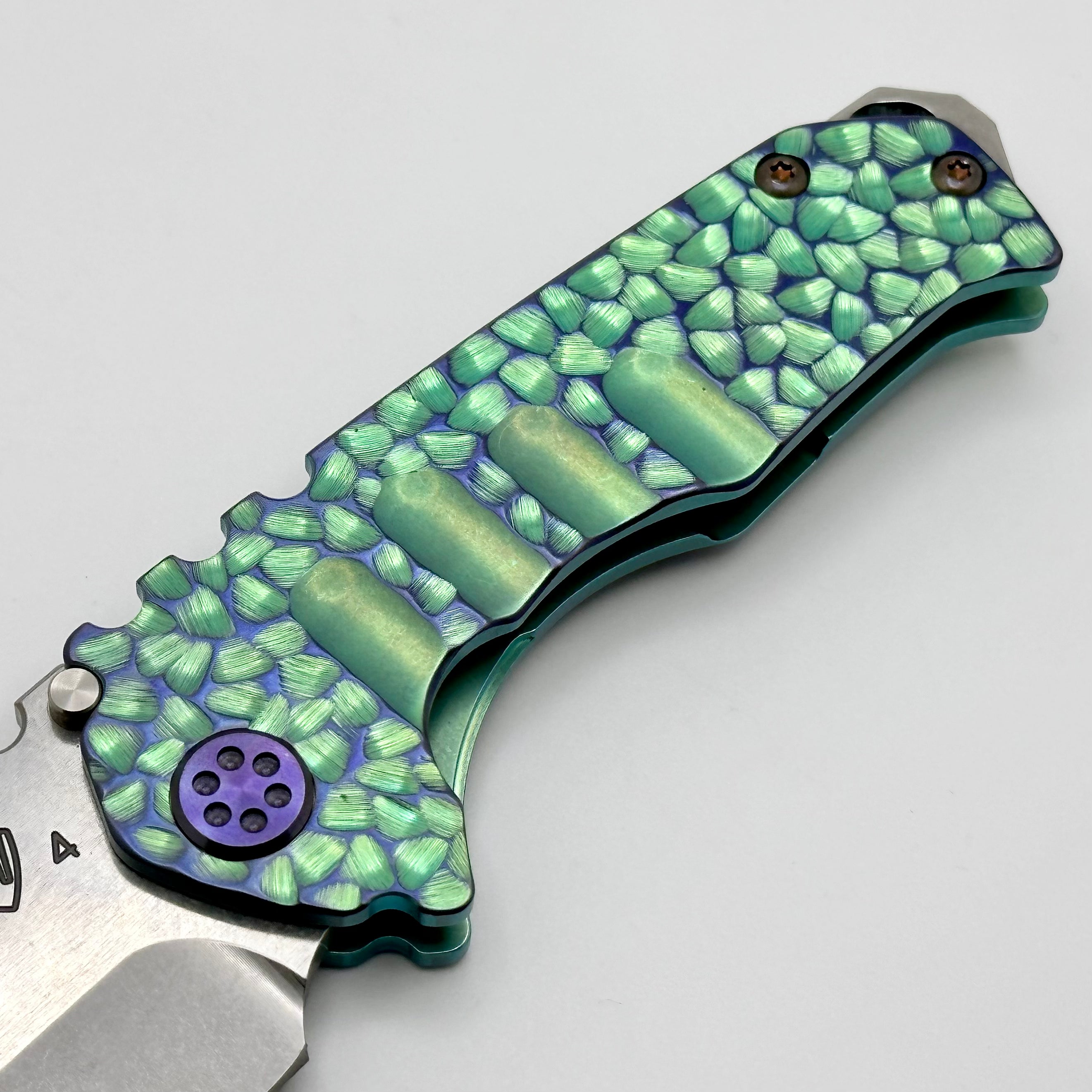 Medford Praetorian Genesis Tanto Knife - Ecto Green with Violet Hardware & S45VN Blade