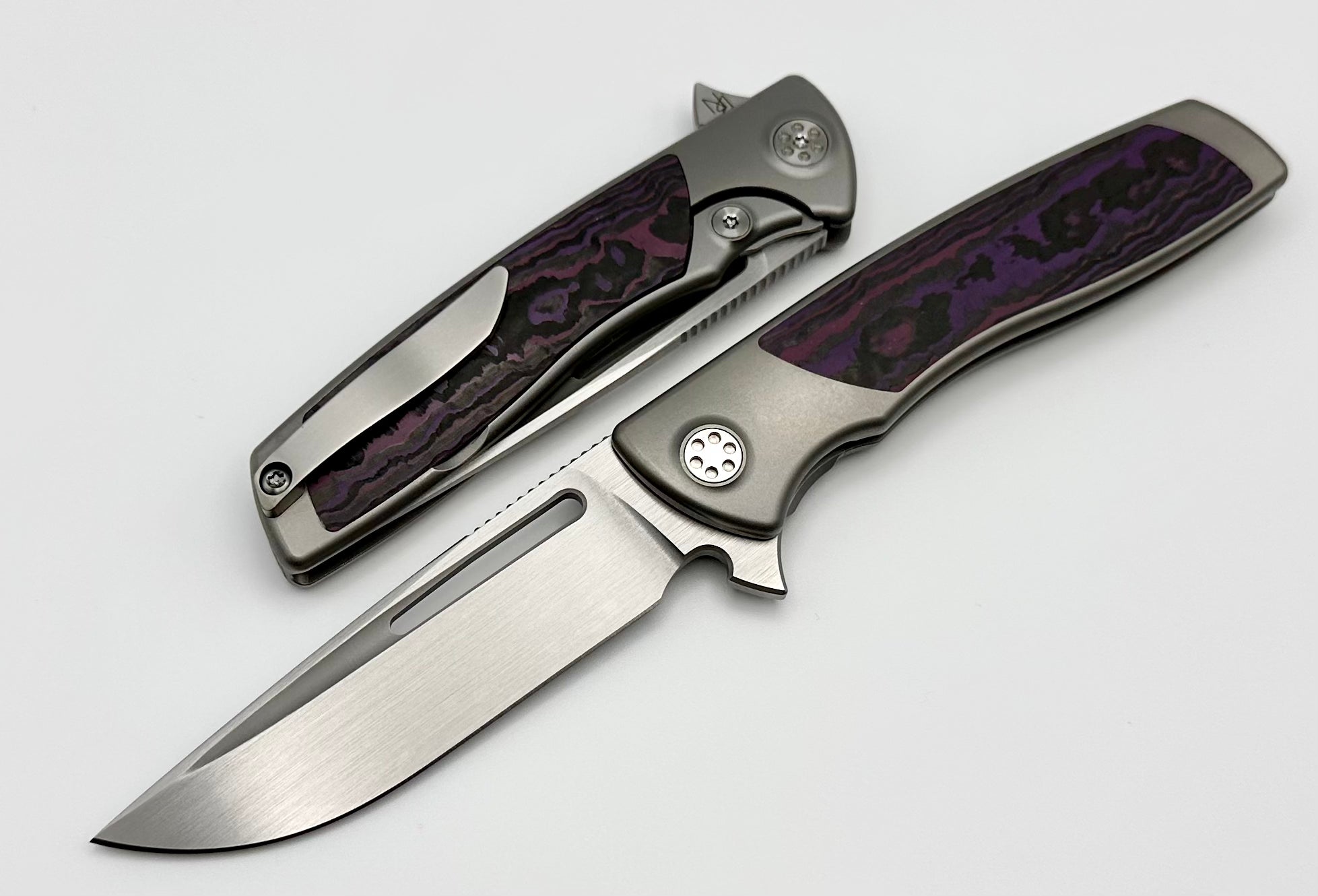 Premium SharpByDesign Mini Evo: Purple Haze Fat Carbon Edition with M390 Drop Point