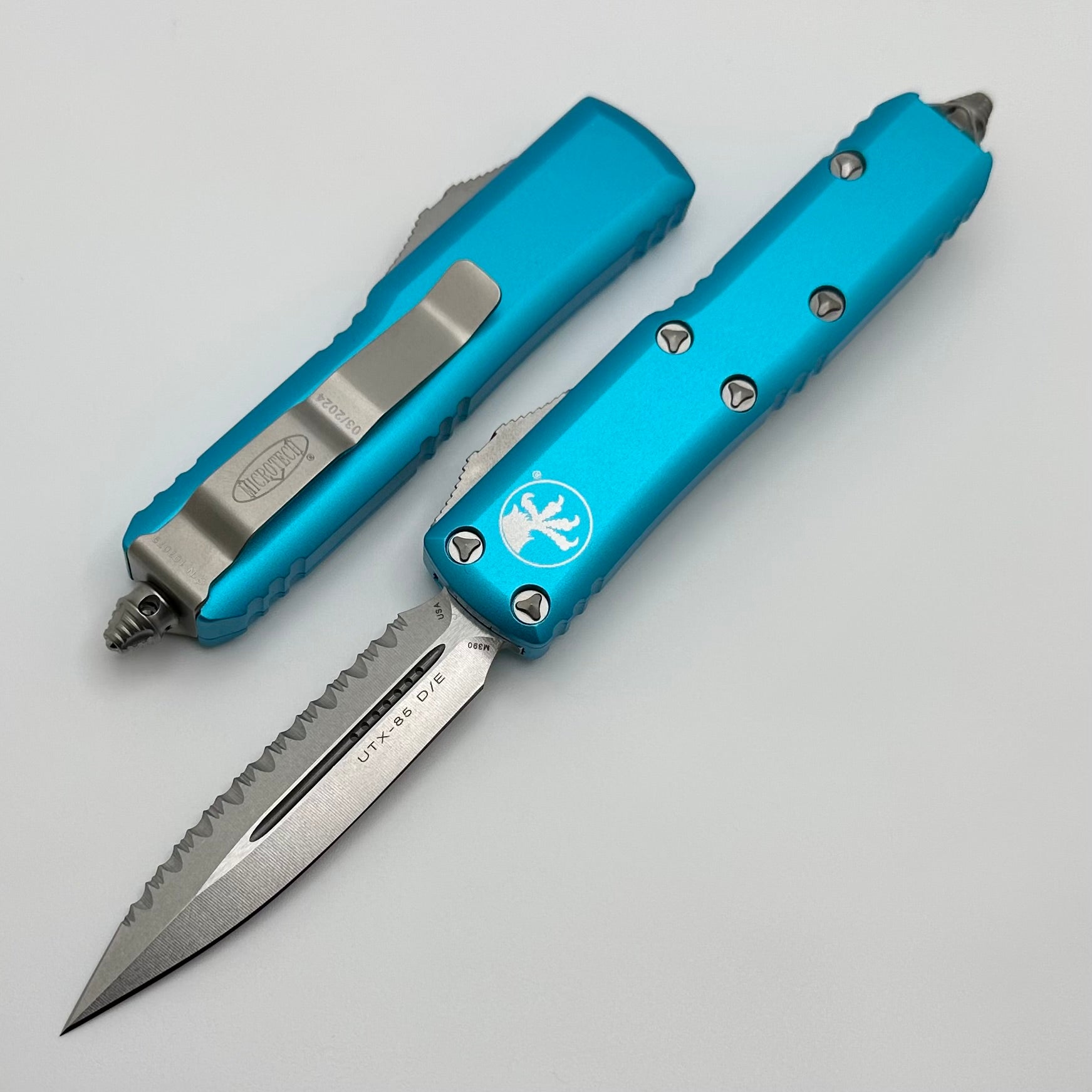 Microtech UTX-85 Premium Double Edge Tactical Knife - Stonewash Finish & Turquoise Handle