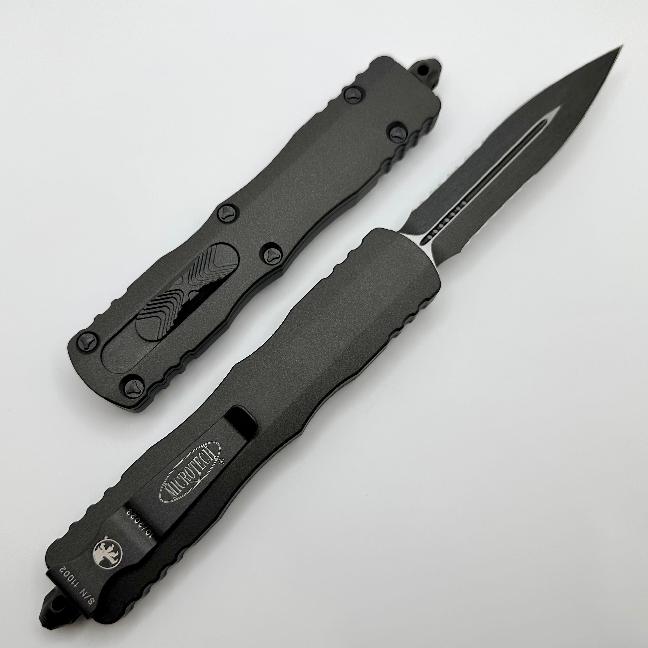 Microtech Dirac Delta Premium OTF Knife - Double Edge, Partial Serrated, Dark Tungsten Cerakote