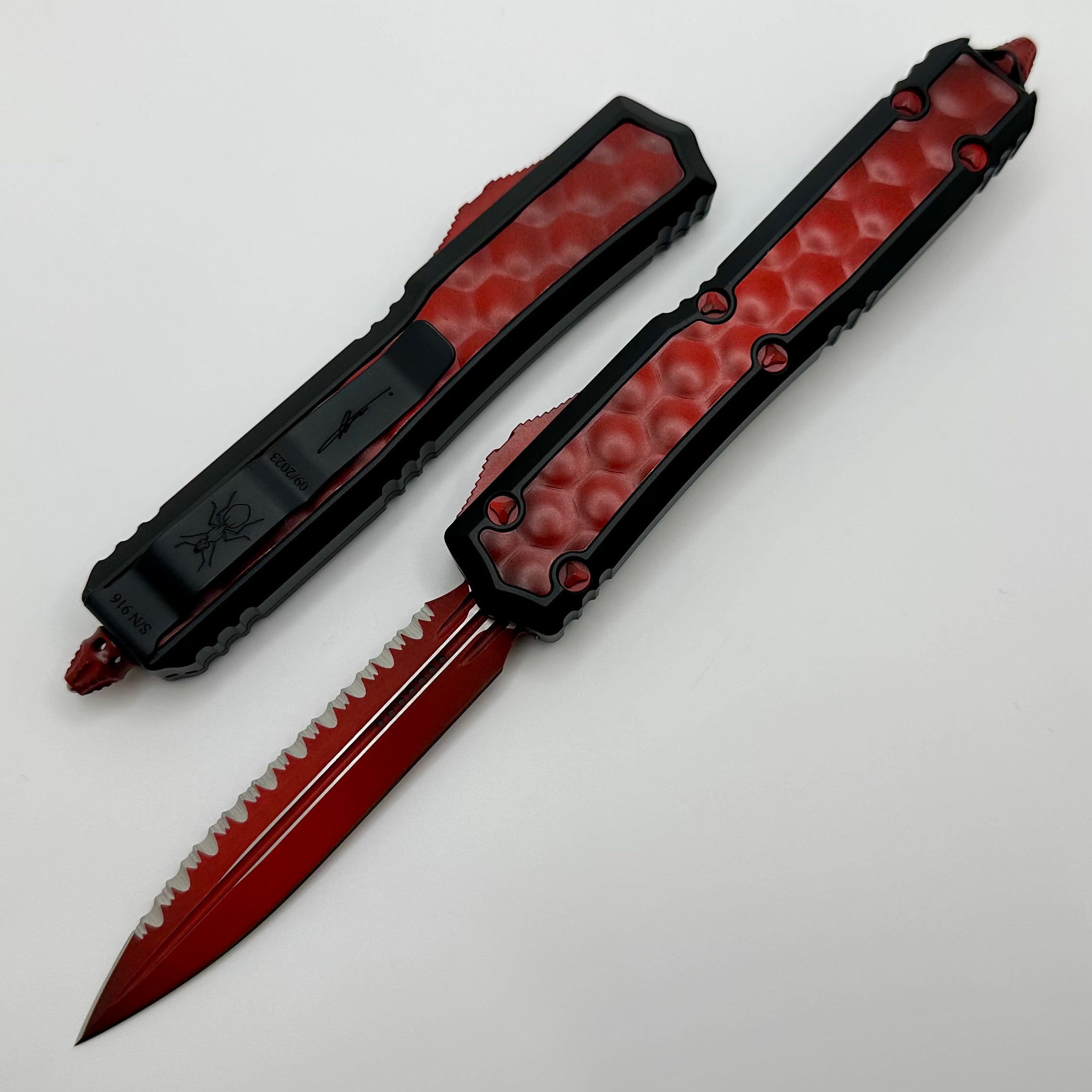 Premium Microtech Makora Weathered Red Full Serrated Double Edge Knife with DLC Engraving & Nickel Boron Internals