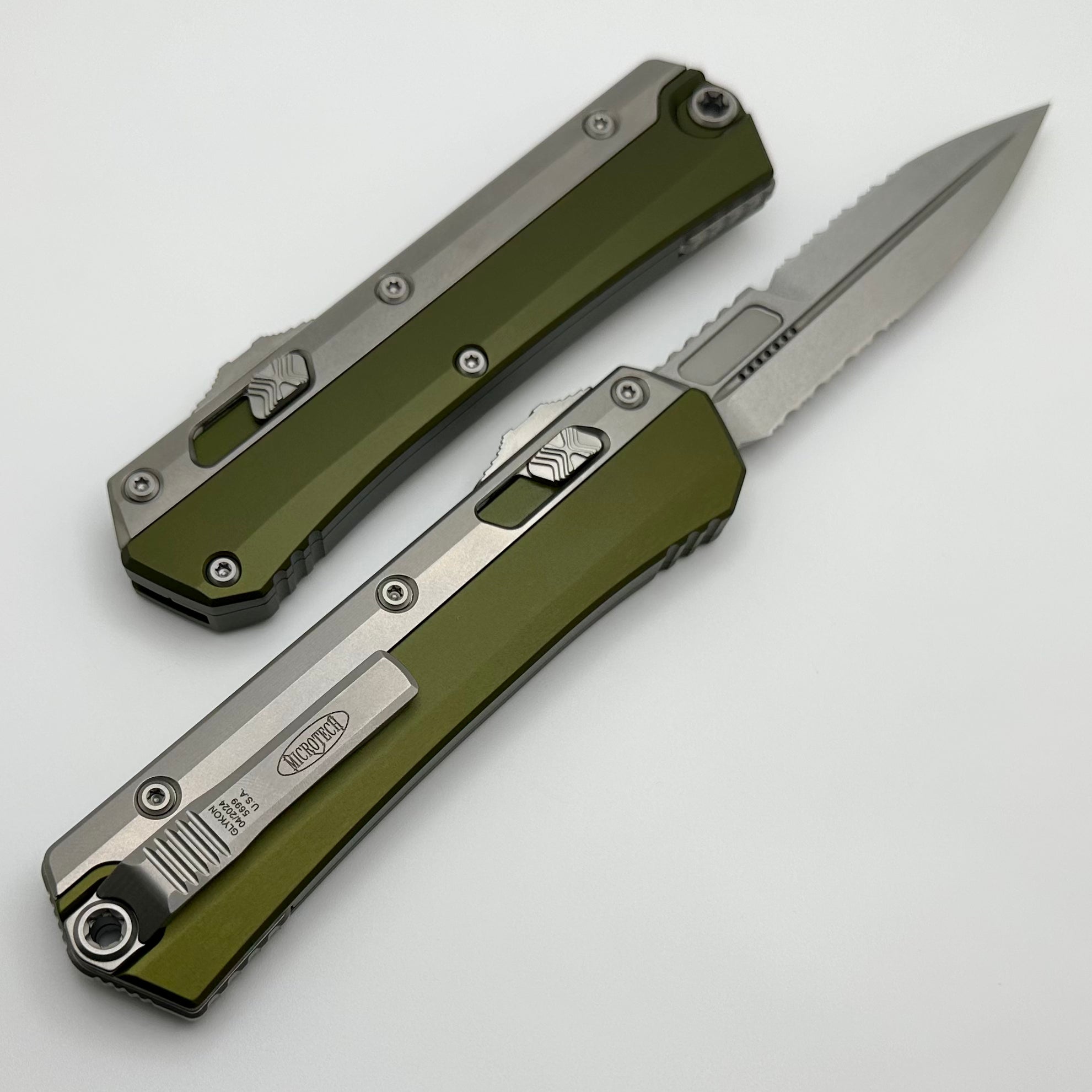 Premium Microtech Glykon Tactical Knife - Stonewash Serrated Blade & OD Green Handle