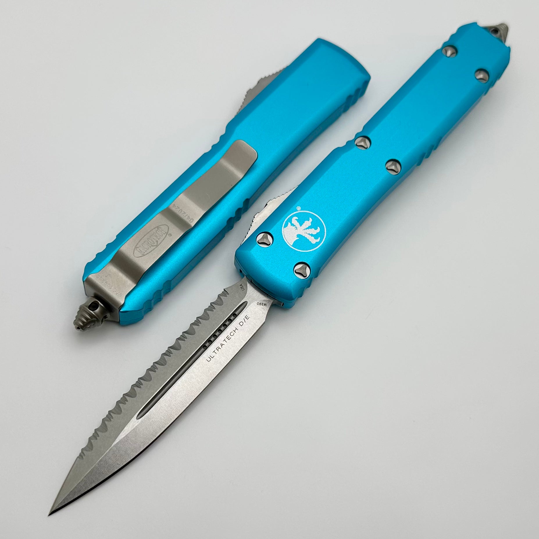 Premium Microtech Ultratech OTF Knife - Double Edge Stonewash with Full Serrated & Turquoise Finish