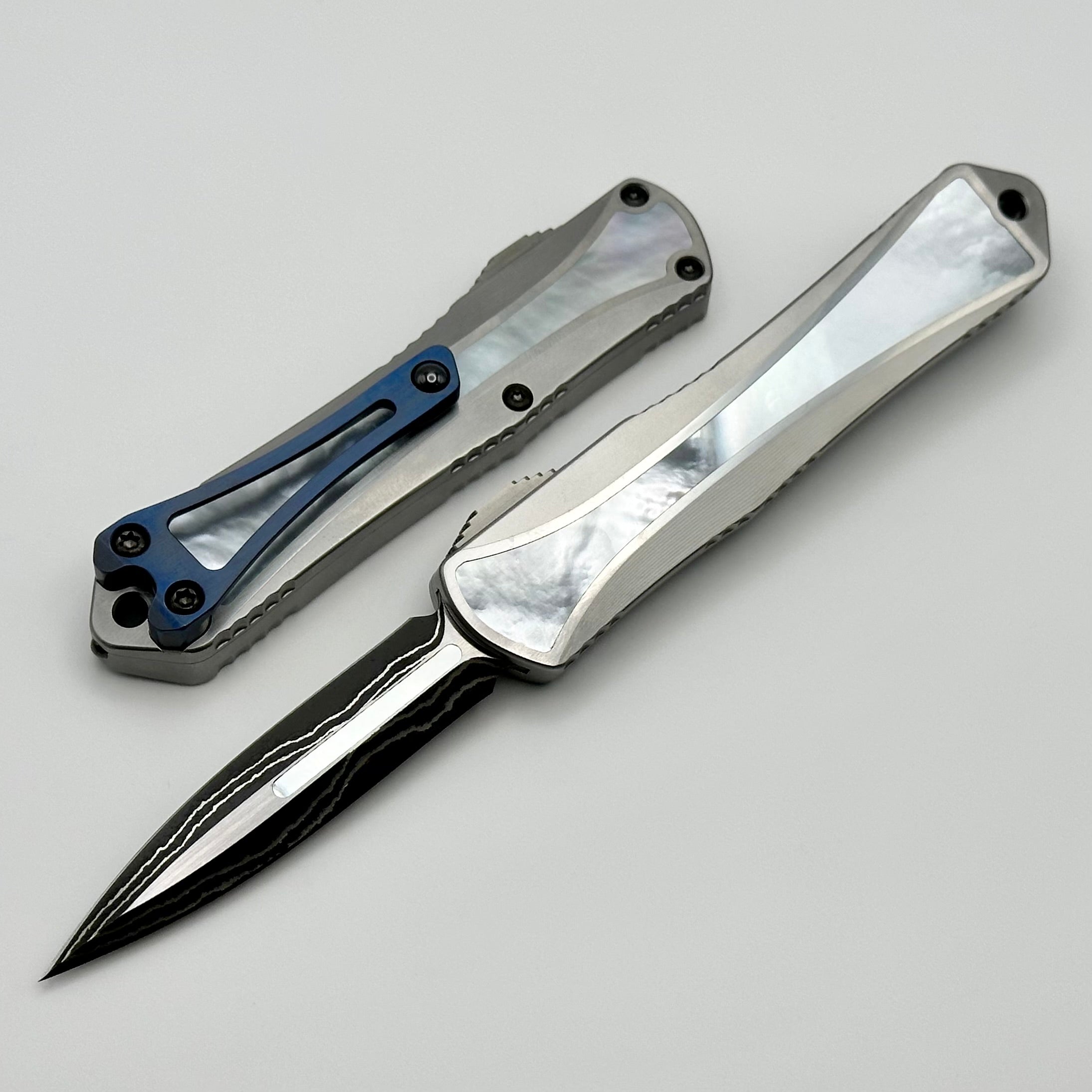 Heretic Knives Manticore S - Premium Stainless Handles with Mother of Pearl Inlays & Double-Edge Damascus Blade