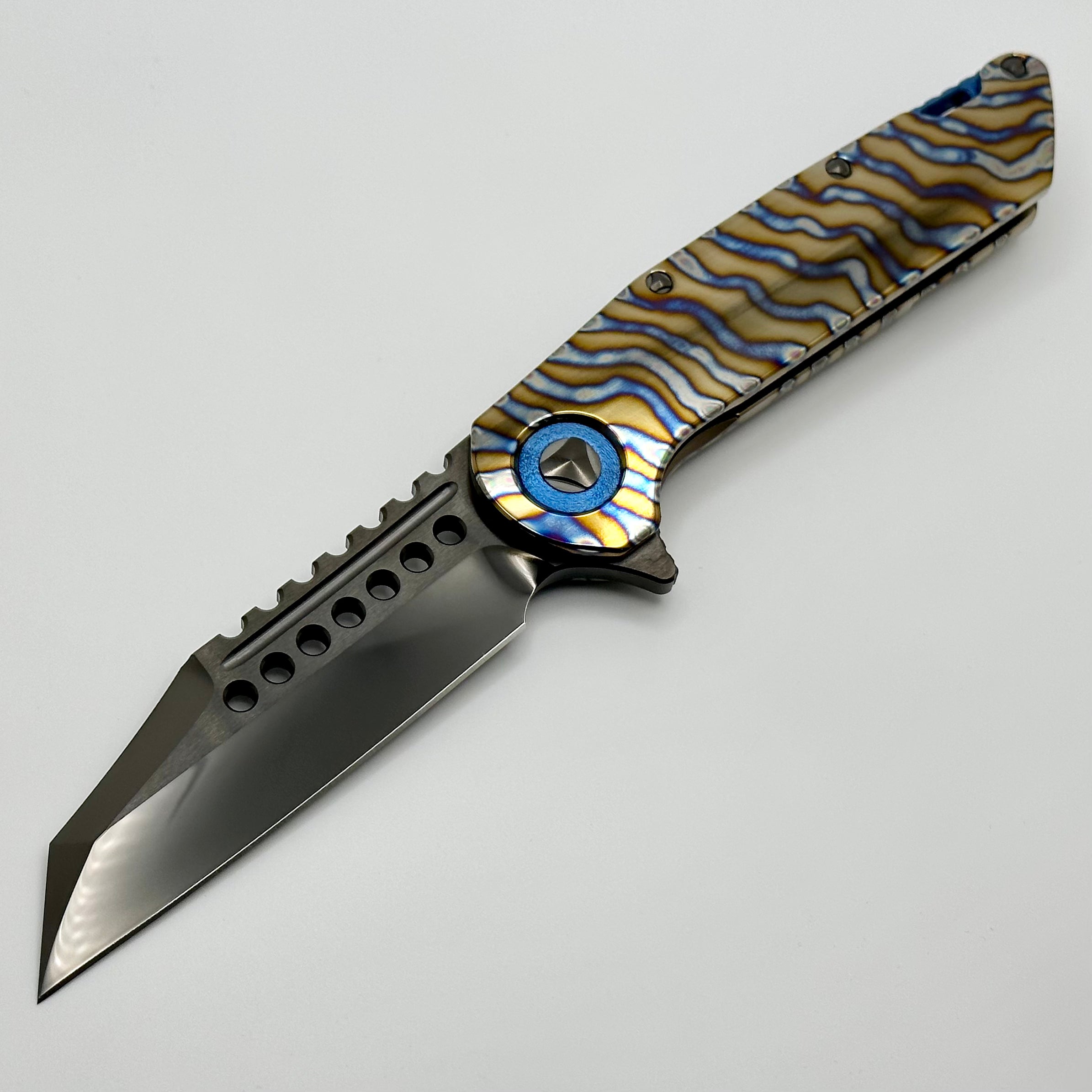 Marfione Custom Warhound Knife - Premium DLC Diamondwash Finish & Flamed Titanium Handles with Blue Accents