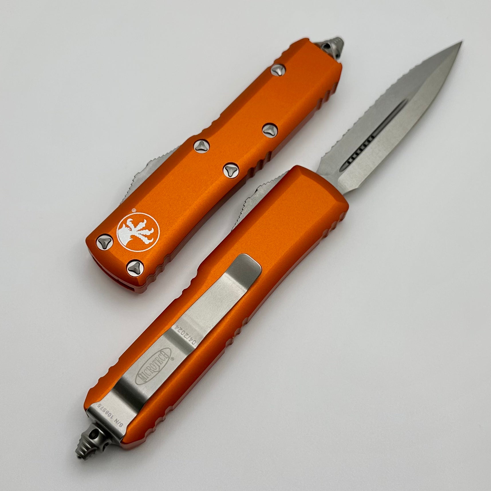 Microtech UTX-85 Premium EDC Knife - Double Edge Stonewash with Full Serrated & Orange Handle