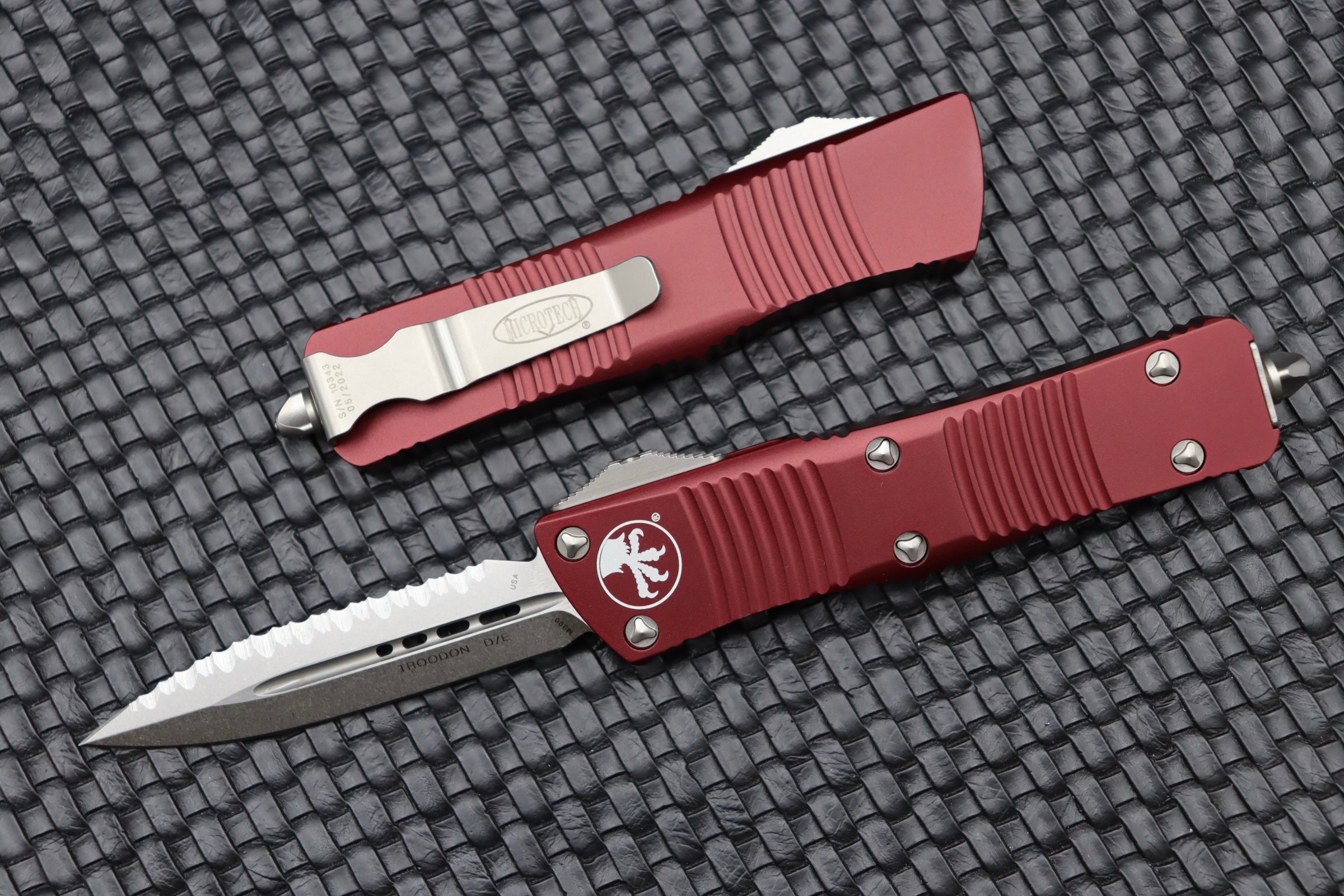 Premium Microtech Troodon Double Edge Knife - Stonewash Finish & Merlot Handle