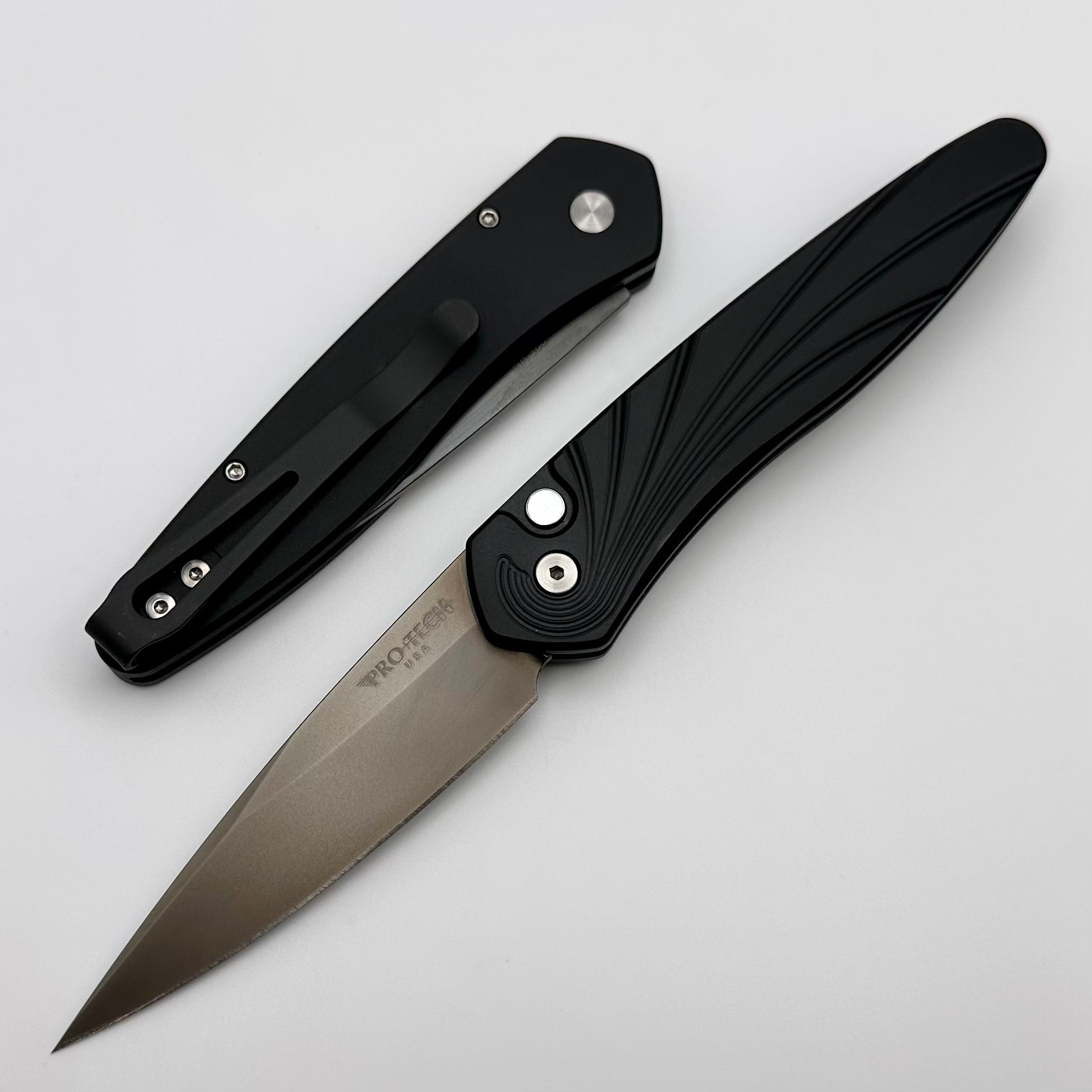Premium Pro-Tech Newport Black 3D Wave Folding Knife with Mother of Pearl Button & Smokey Grey S35VN Blade