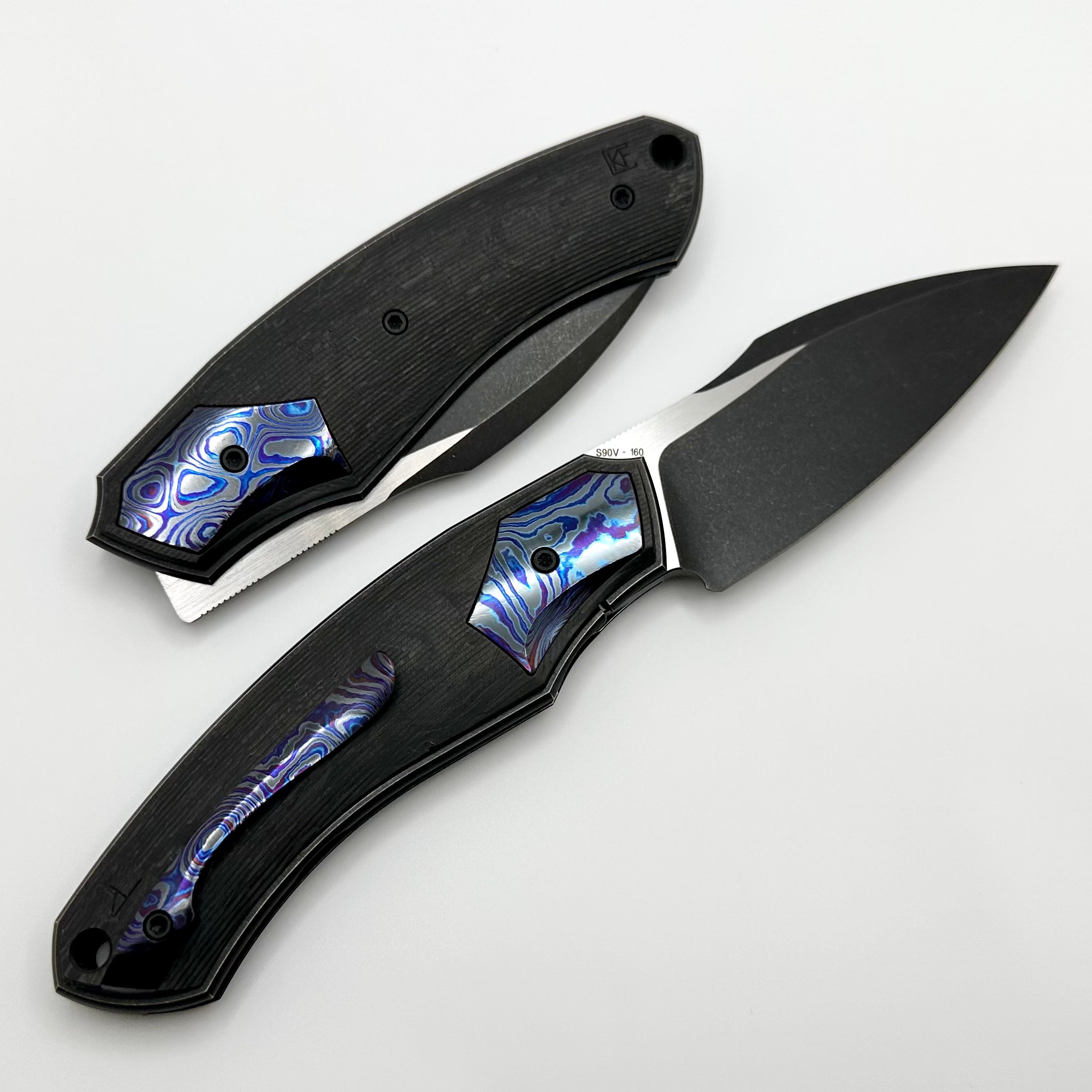 Premium Davless Knife: Carbon Fiber & ZircuTi with Two-Tone Blackwash S90V Blade