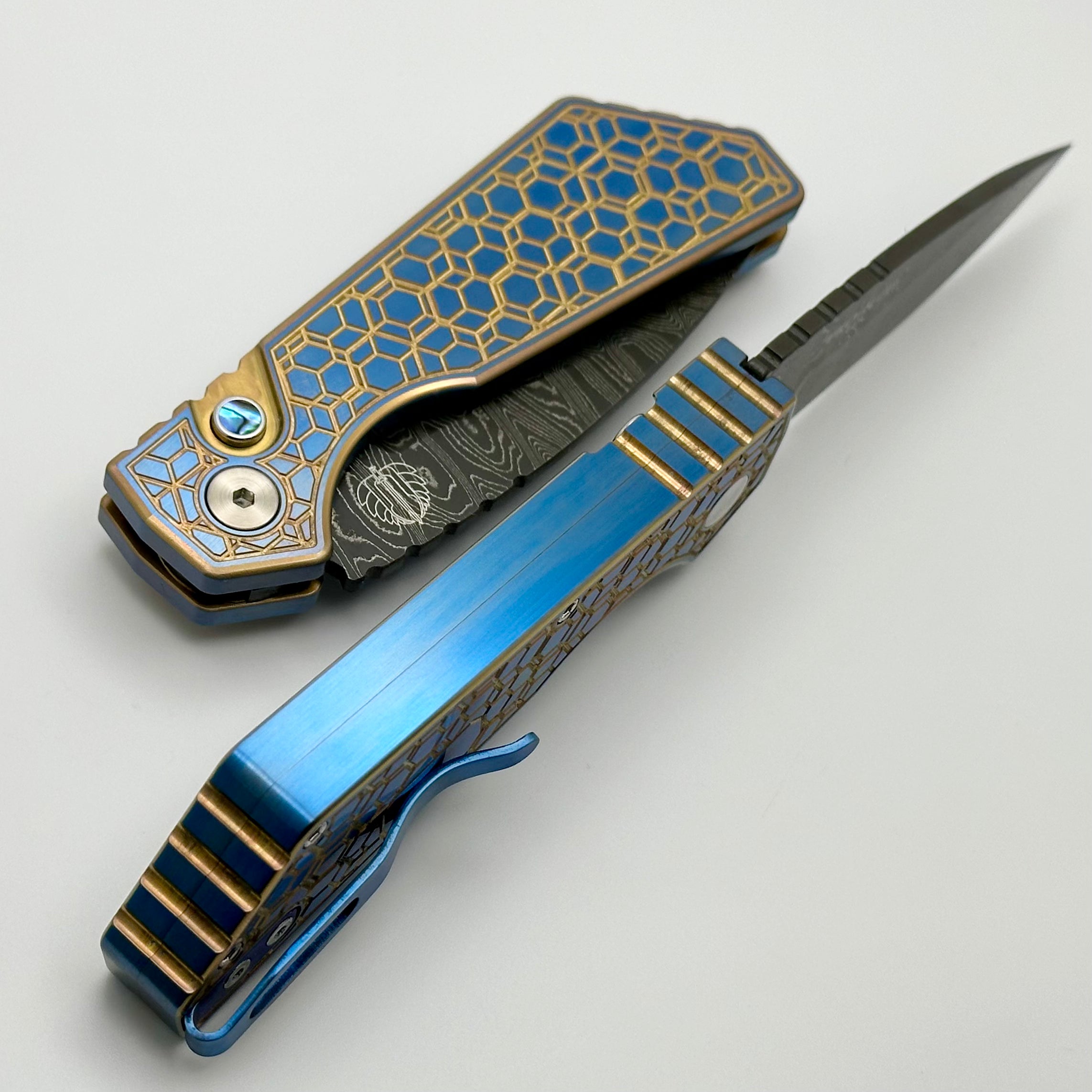 Pro-Tech PT Plus 2024 Custom: Premium Damascus Blade with Titanium Gridlock Handle & Abalone Button