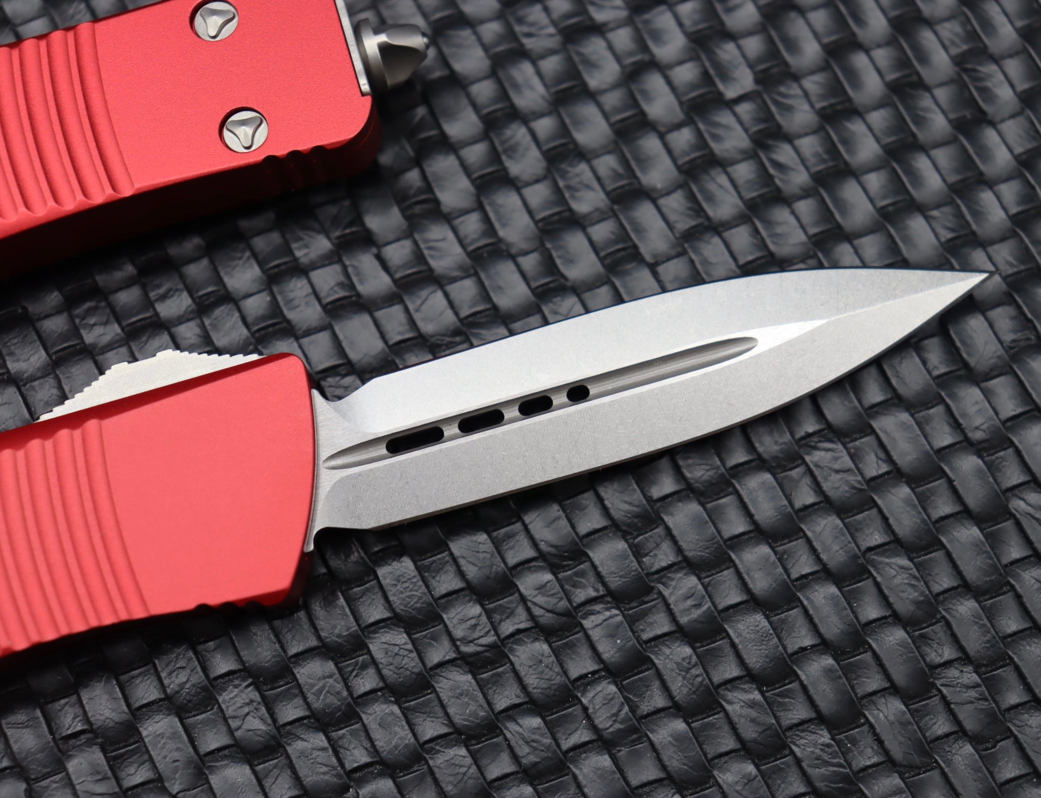 Microtech Troodon Stonewash Premium Double Edge Knife with Red Accents