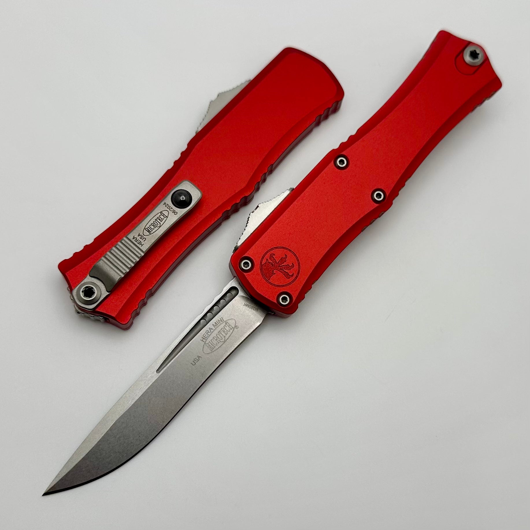 Microtech Premium Mini Hera Stonewash EDC Knife - Red Aluminum Handle