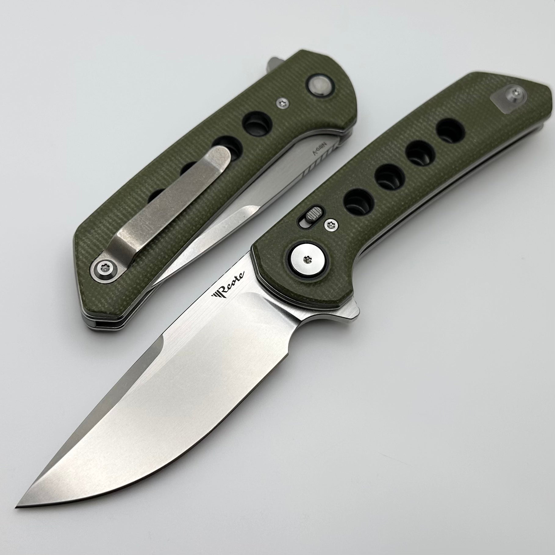 Premium Reate PL-XF Folding Knife - Green Micarta & Black G-10 Inlays, Stonewash Nitro-V Blade