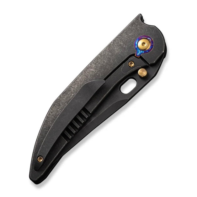 Premium We Knife Attor Black Titanium Integral Handle with Golden Inlays & Black Stonewash 20CV - Ultimate EDC Companion