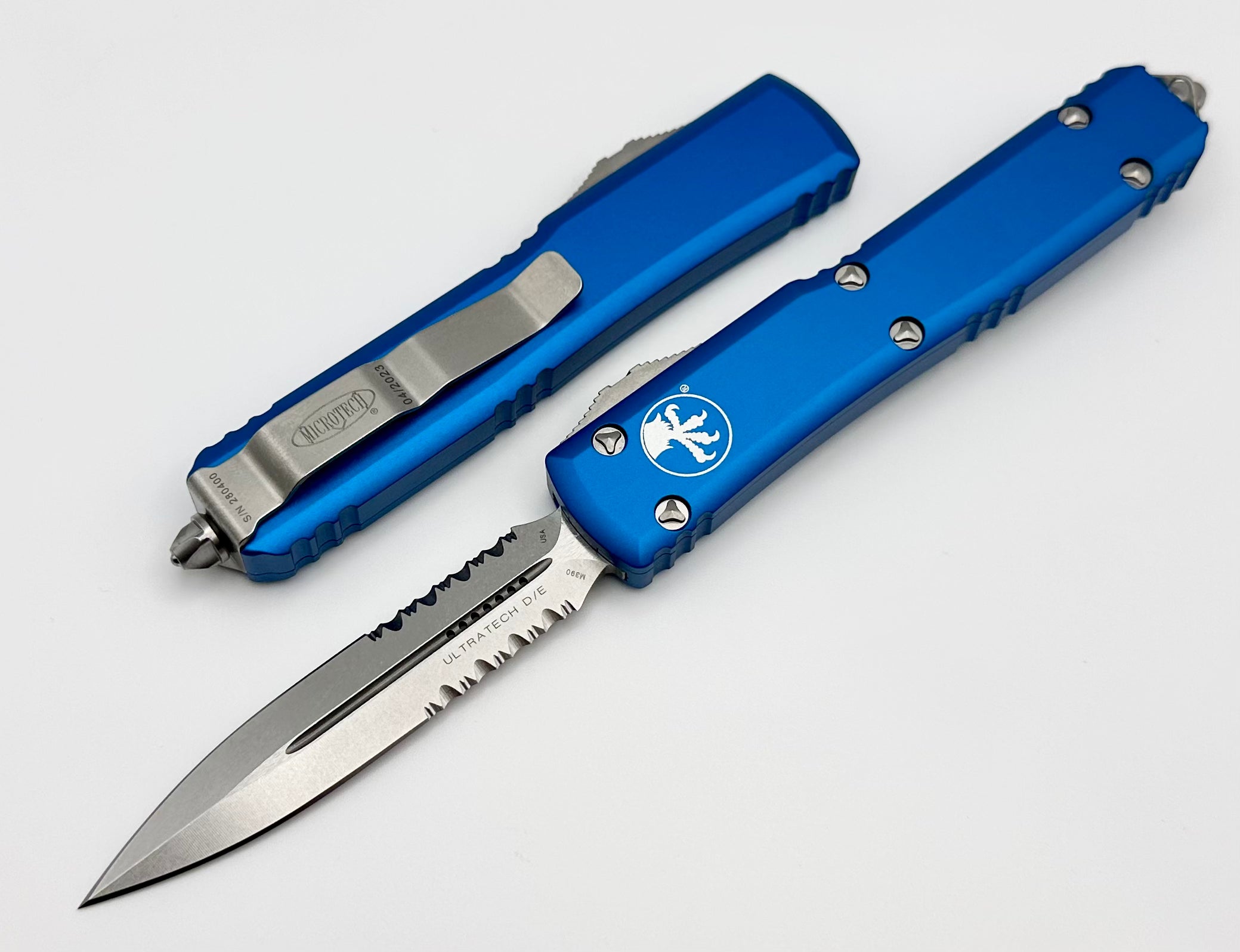 Microtech Ultratech Premium Double Edge Tactical Knife - Stonewash & Blue Finish