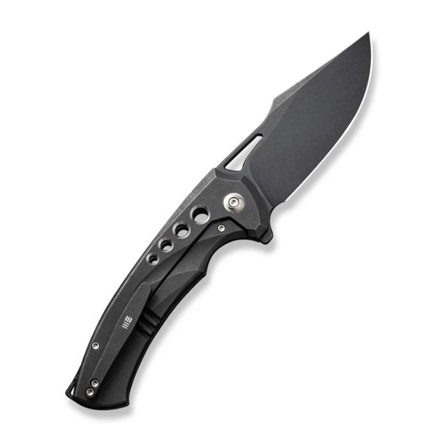 Premium WE Knife Swiftfin: Black Titanium Handles with Satin Holes & Black Stonewash 20CV Blade