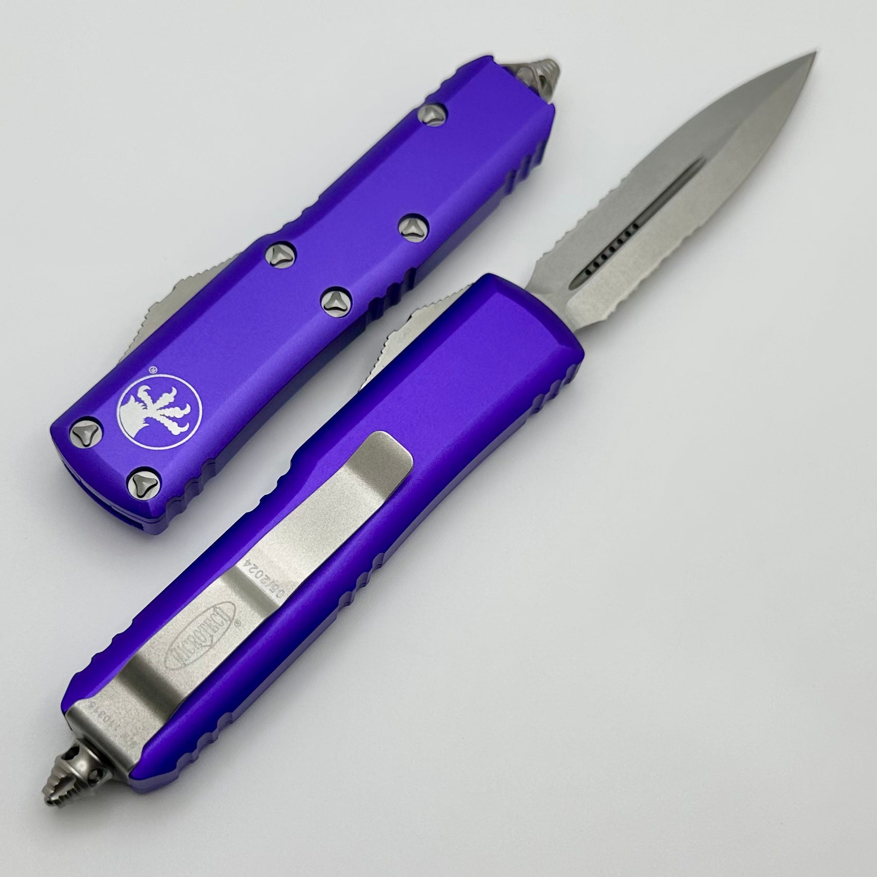 Microtech UTX-85 Premium EDC Knife - Double Edge, Stonewash Finish, Purple Handle