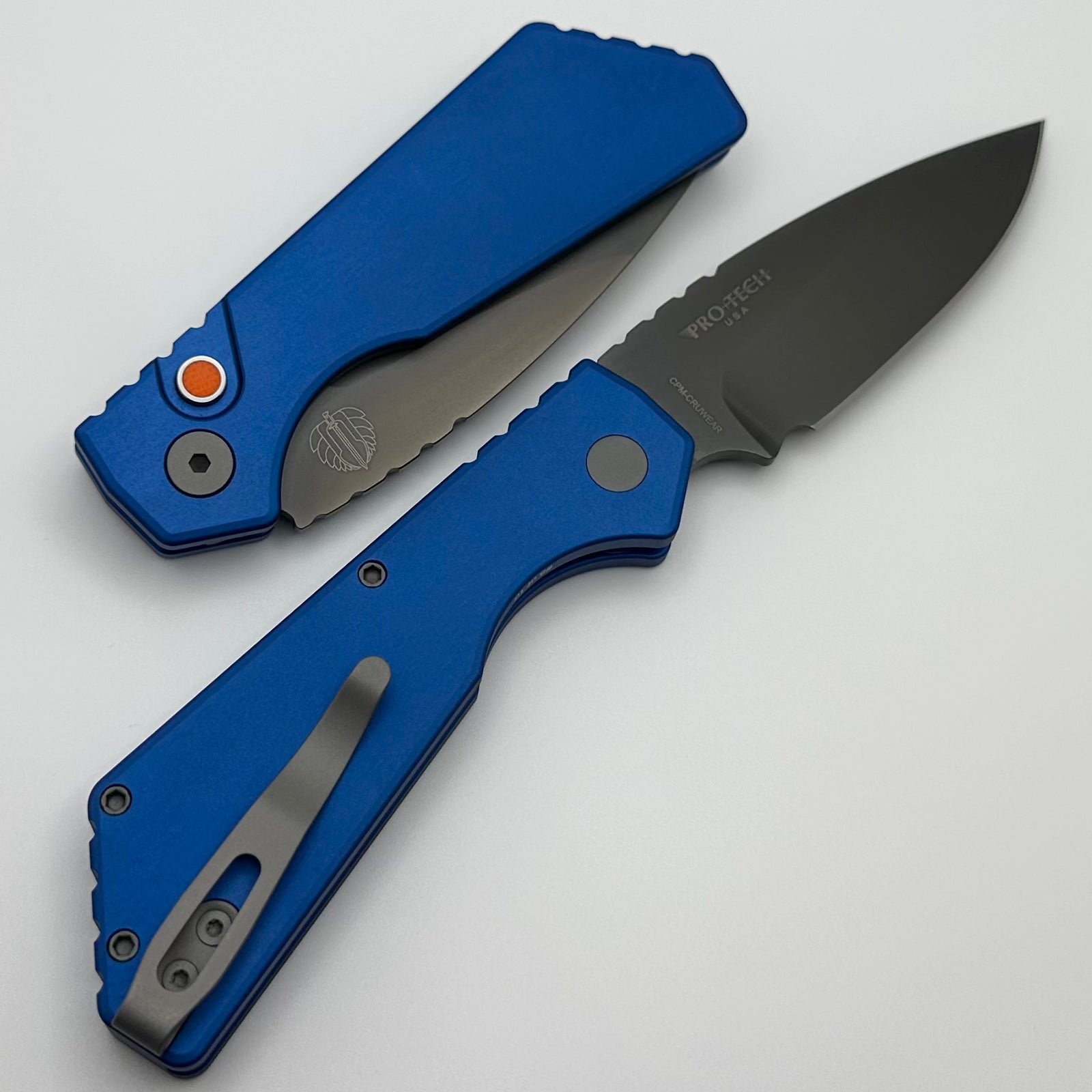 Pro-Tech PT Plus Premium Folding Knife - Blue Aluminum Handle & Smoky Gray Cru-Wear Blade