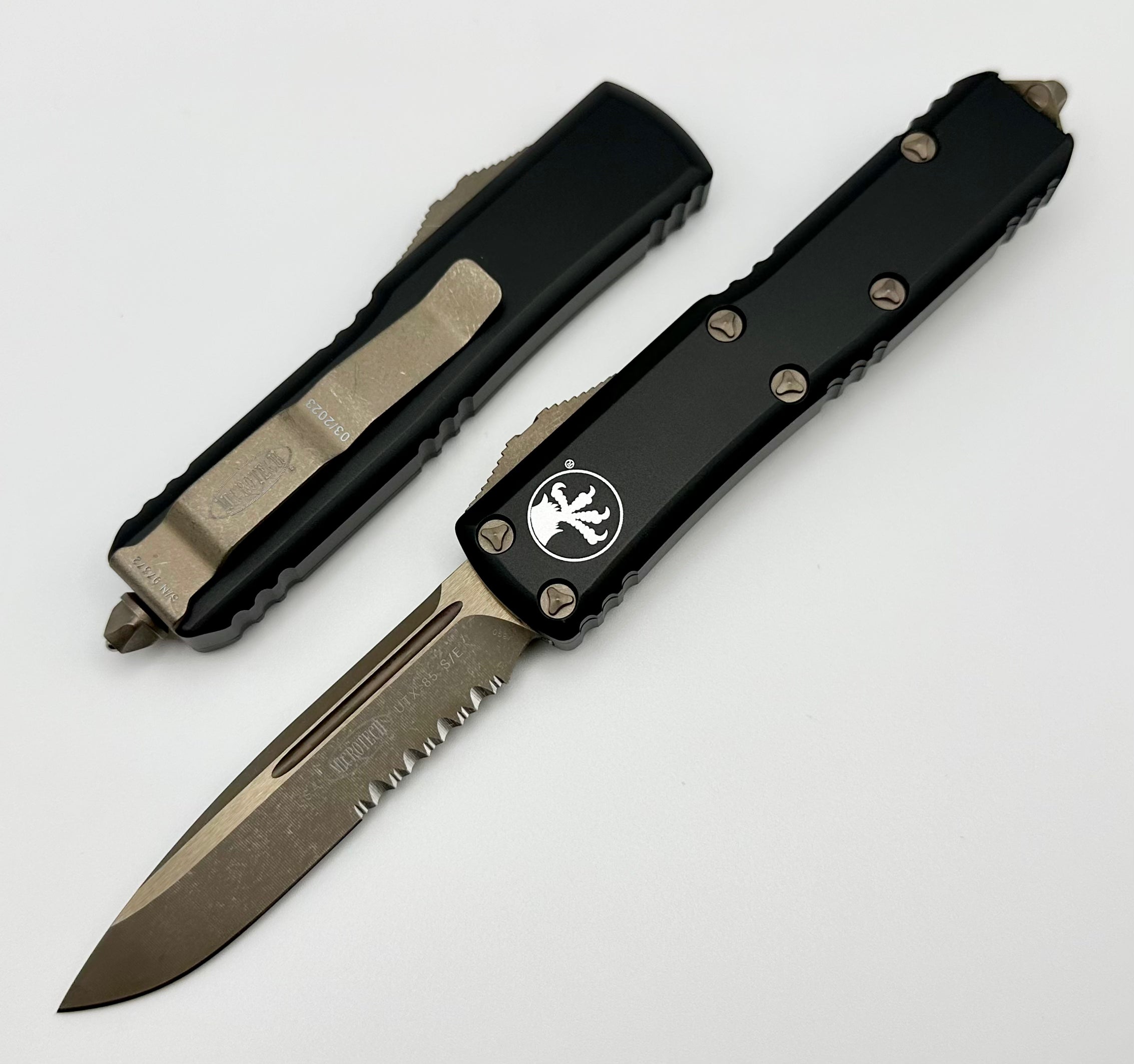 Microtech UTX-85 Apocalyptic Bronze EDC Knife - Partial Serrated & Black