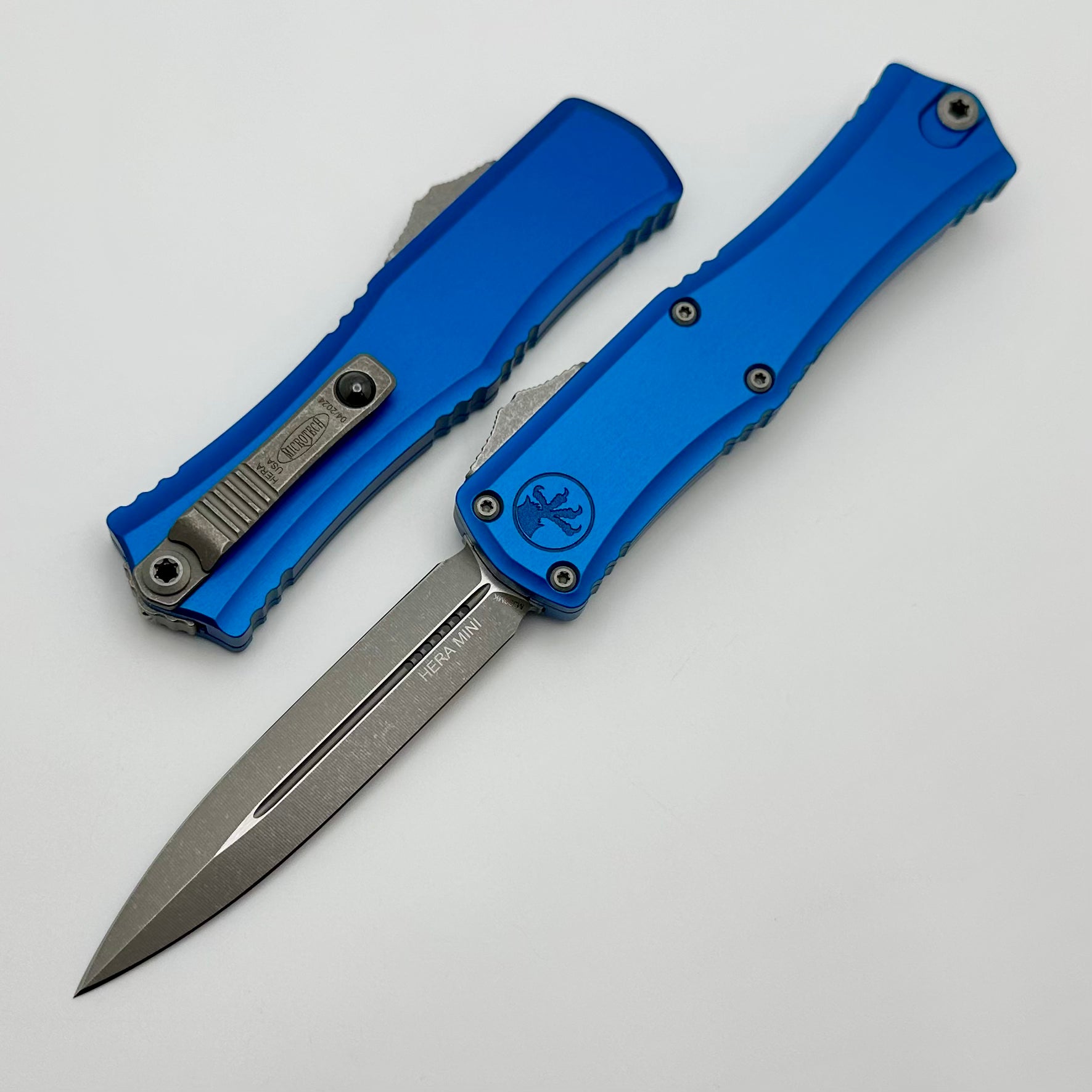 Microtech Mini Hera Apocalyptic OTF Knife - Premium M390MK Blade with Blue Aluminum Handle