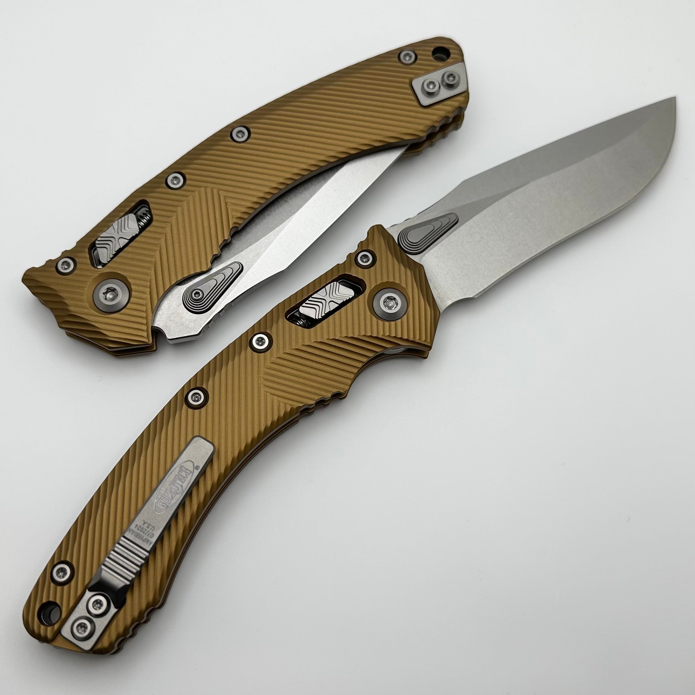 Microtech Amphibian RAM LOK Tactical Knife - Premium Tan Fluted Aluminum & Stonewash M390MK