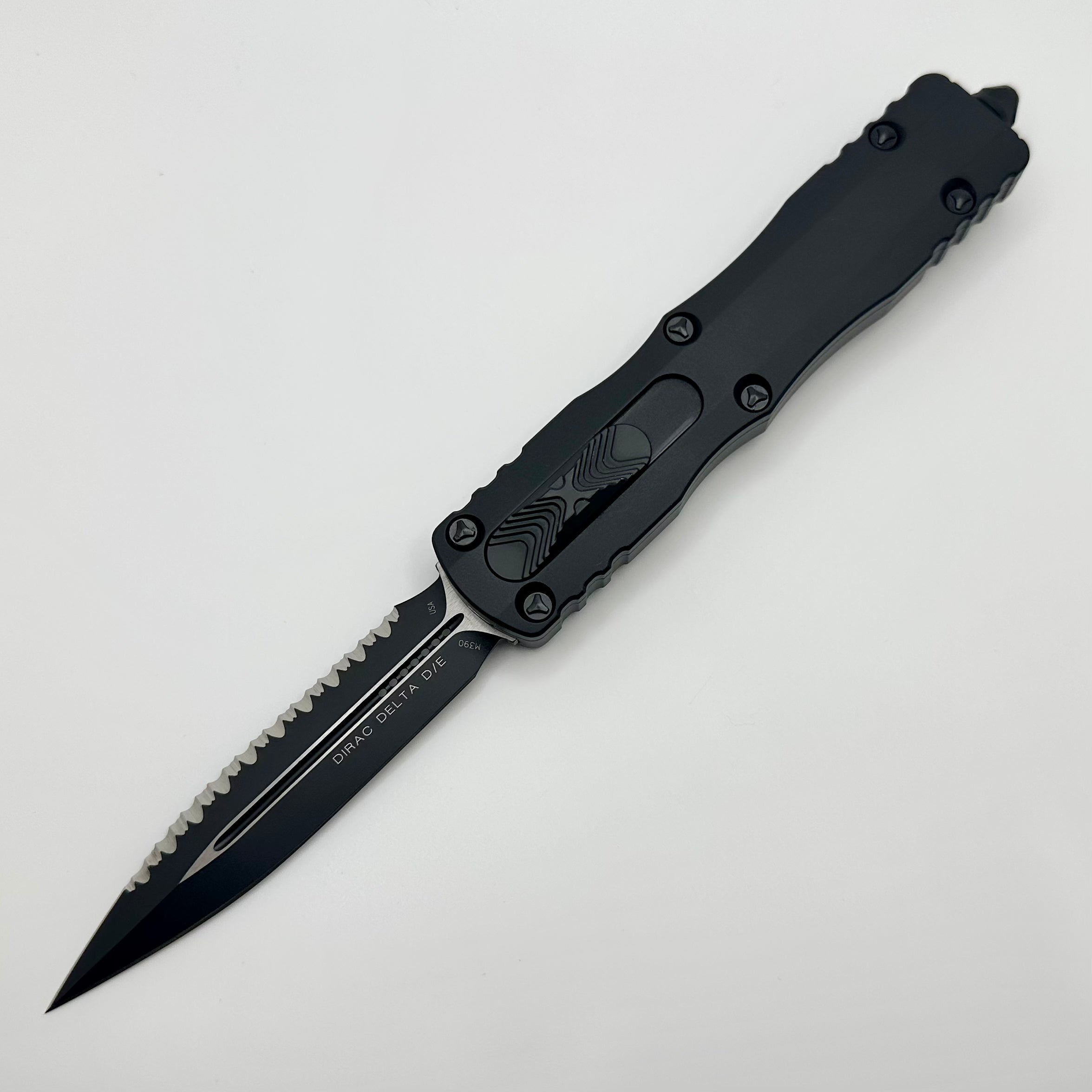 Premium Microtech Dirac Delta D/E Tactical OTF Knife - Black Fully Serrated