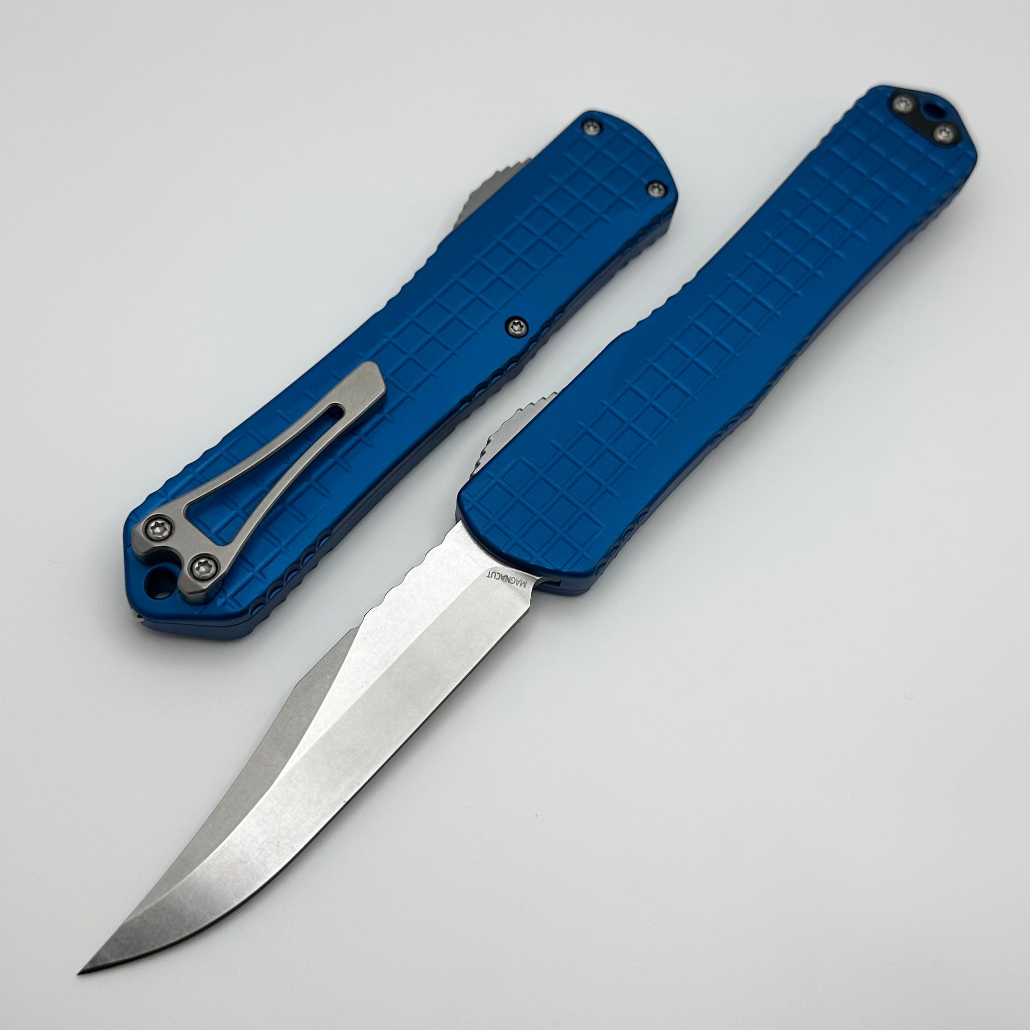 Heretic Knives Manticore X Premium OTF Knife - Blue Frag Handle & Stonewash Bowie MagnaCut