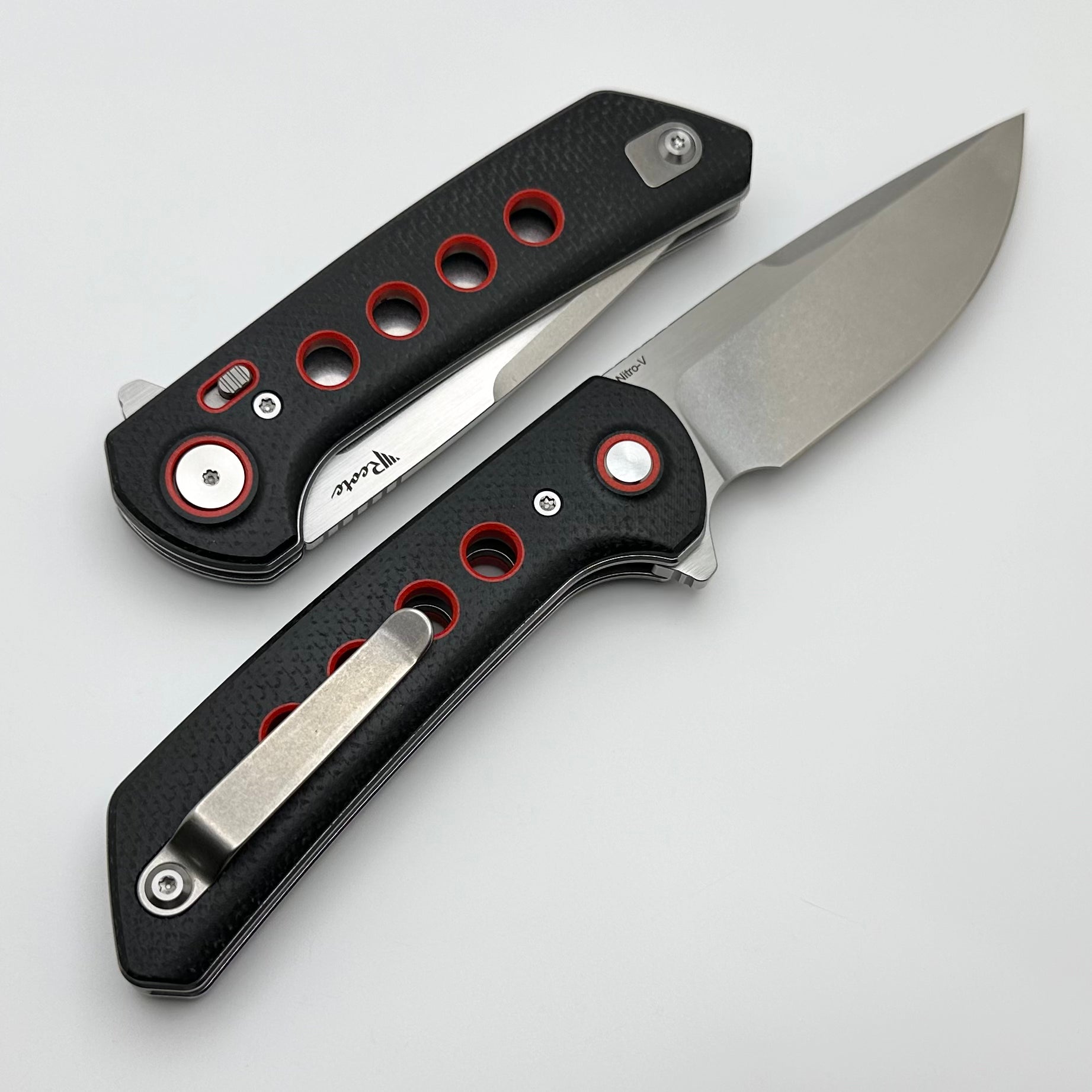 Reate Knives PL-XF Premium Folding Knife - Black Micarta with Red G-10 Inlays & Stonewash Nitro-V Blade