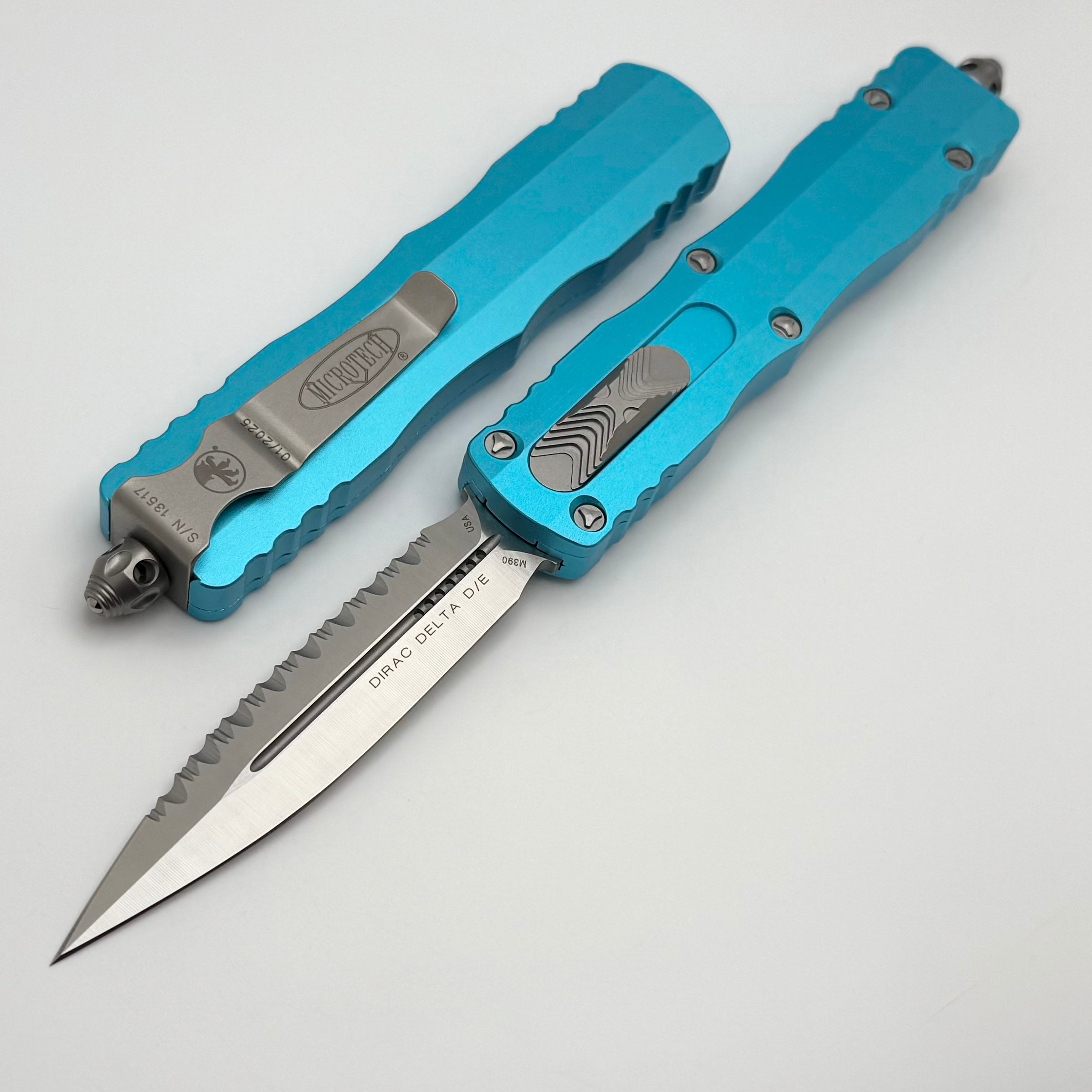 Microtech Dirac Delta D/E Premium OTF Knife - Satin Full Serrated with Turquoise Handle