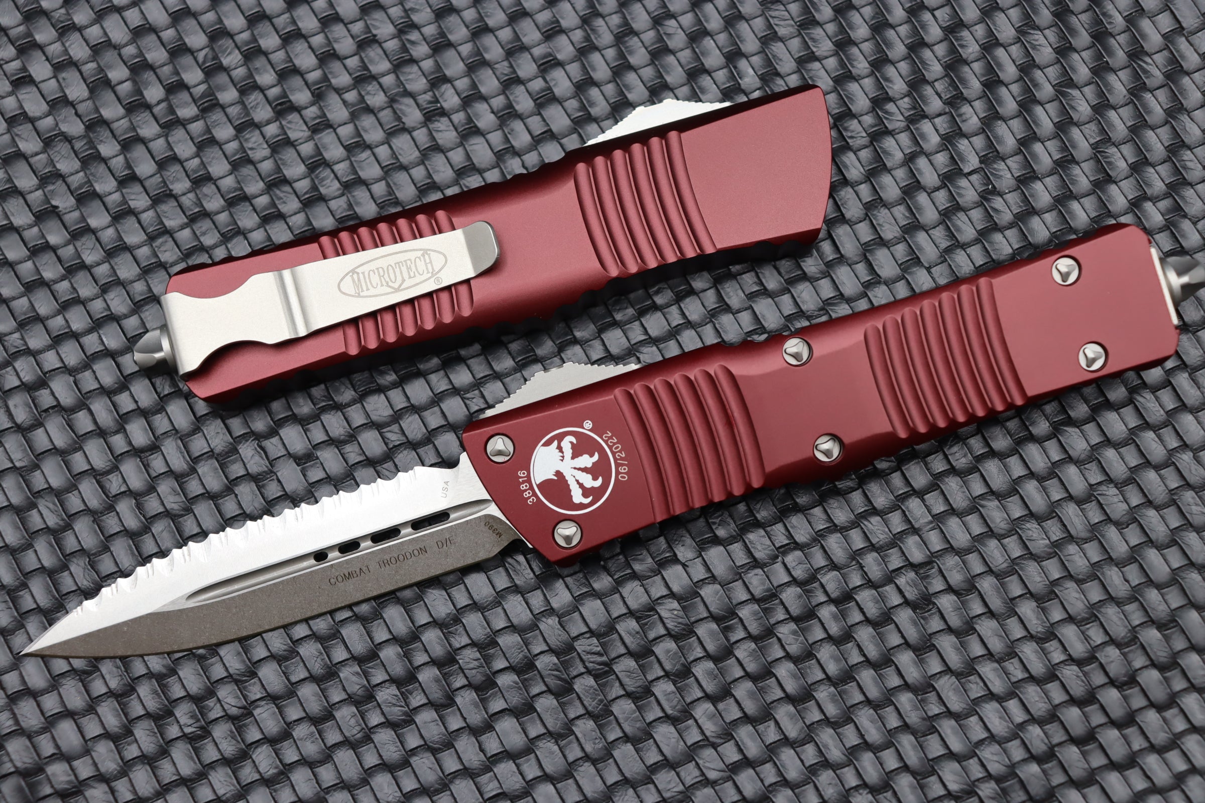 Microtech Combat Troodon Premium Double Edge Tactical Knife - Stonewash & Merlot Red