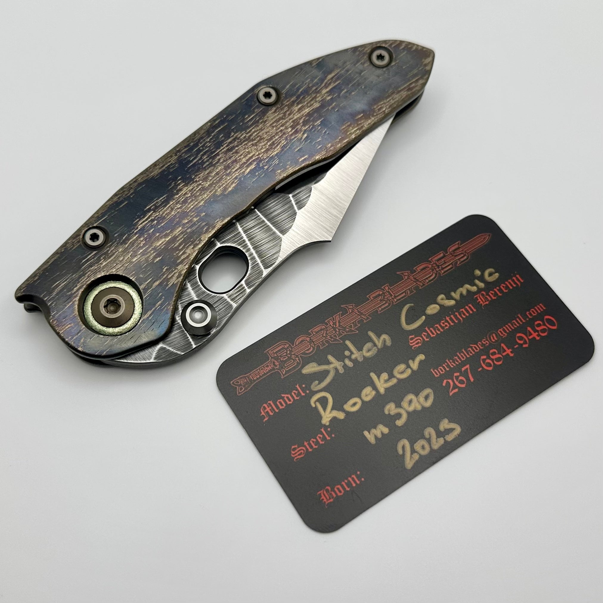 Borka Blades Ultimate Rocker Cosmic Stitch Knife with Rock Grind Blade & Green Pivot Collars