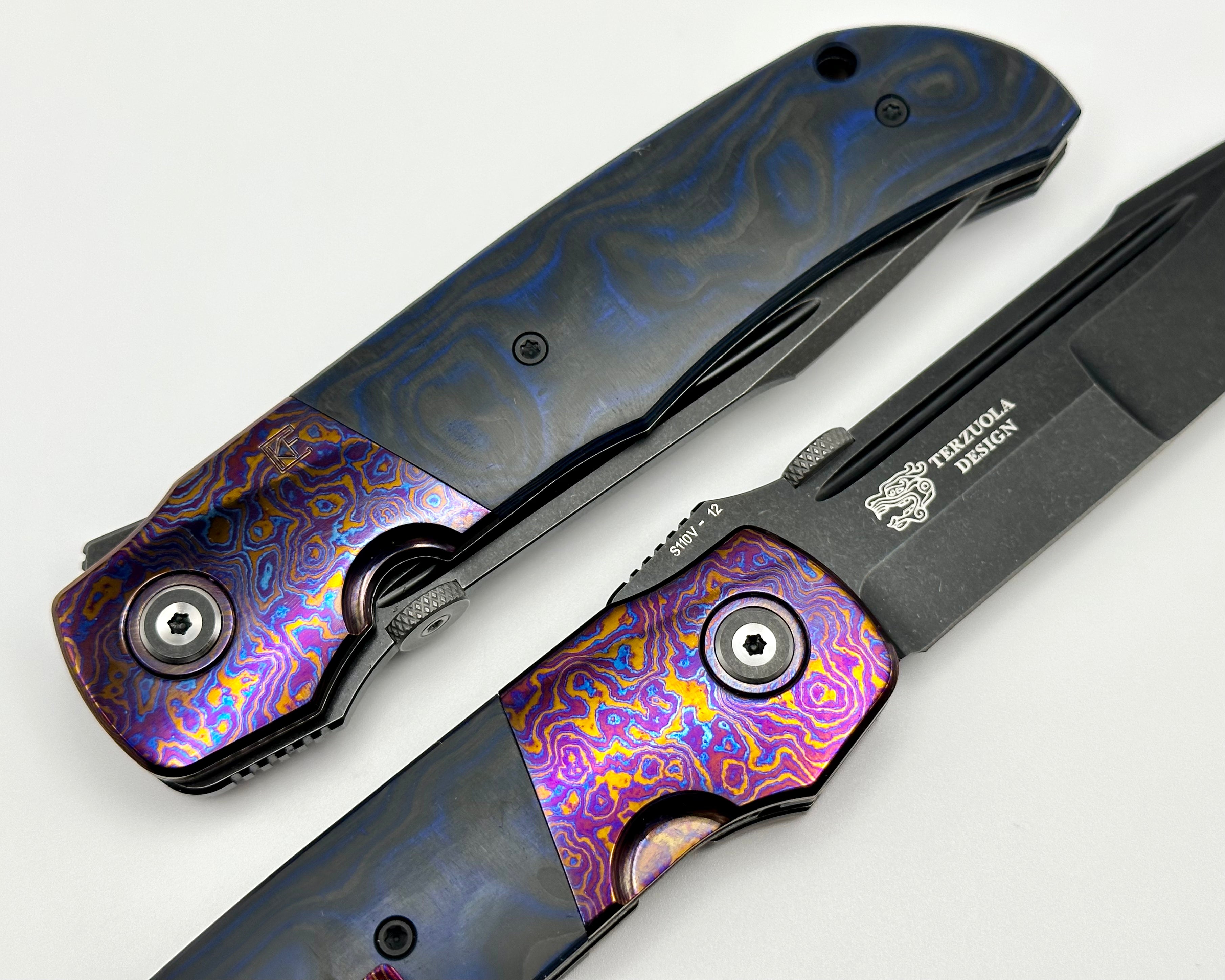 Premium Custom Knife Factory Eagle Rock - Timascus Bolsters & Blue/Black Carbon Fiber with S110V Blade